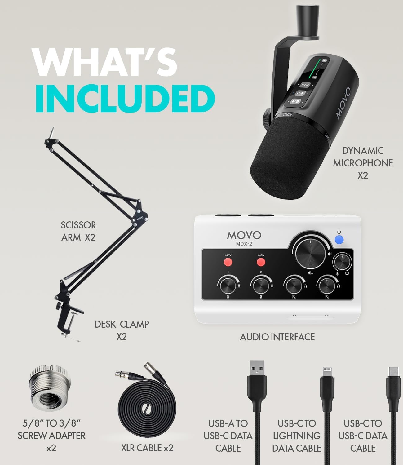 Movo Portable Podcast Equipment Bundle for iPhone/Android Phones- Podcast Kit with Audio Interface, 2 UM6 Dynamic Mics, 2 Boom Arms - for Smartphones, Computers, PC and Mac