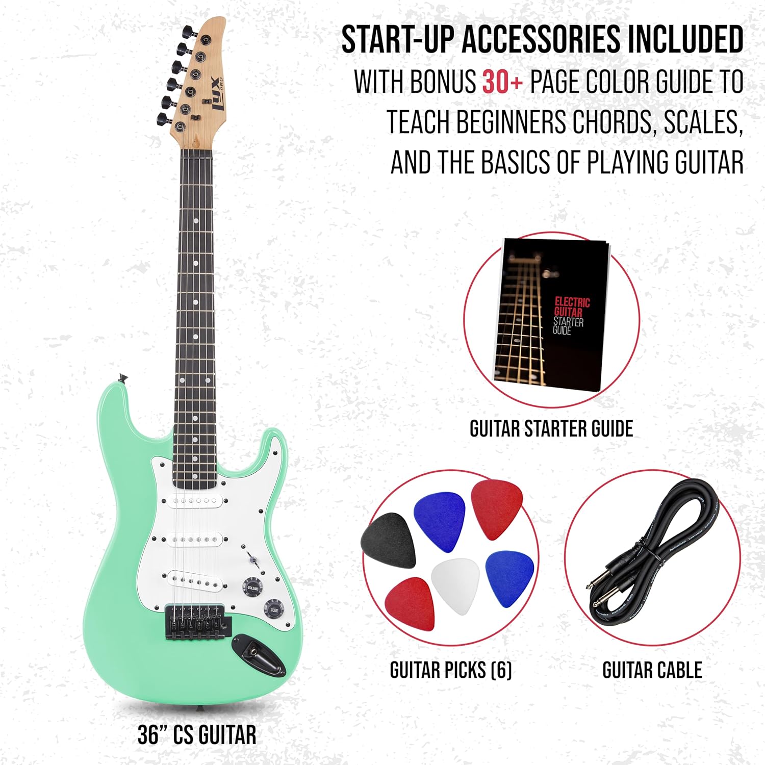 LyxPro CS 30” Electric Guitar Kit for Beginner, Intermediate & Pro Players with Guitar, Amp Cable, 6 Picks & Learner’s Guide | Solid Wood Body, Volume/Tone Controls, 5-Way Pickup - Green