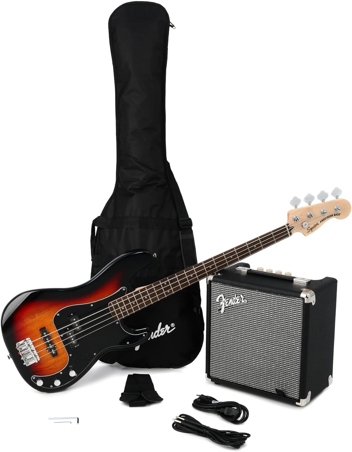 Squier Affinity Series Precision Bass PJ Pack - 3-Color Sunburst with Laurel Fingerboard + Fender Road Worn Strap - Brow