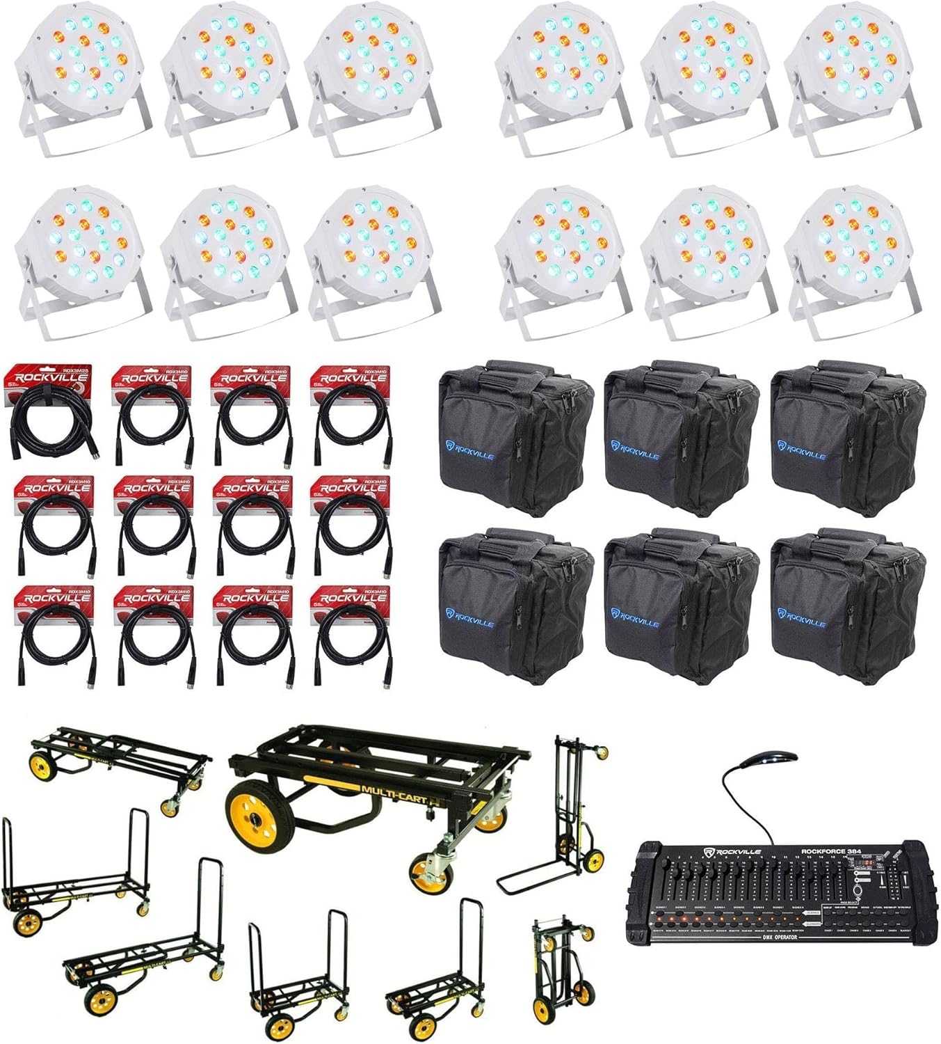 (12) Rockville RockPAR50 LED RGB Par Can DJ/Club Wash Light Bundle w/ (1) ROCKFORCE 384-Ch DMX Controller+MIDI Control, (6) RLB90 Travel Bag, (1) RDX3M25 DMX Cable, (11) RDX3M10 DMX Cable (31 Items)