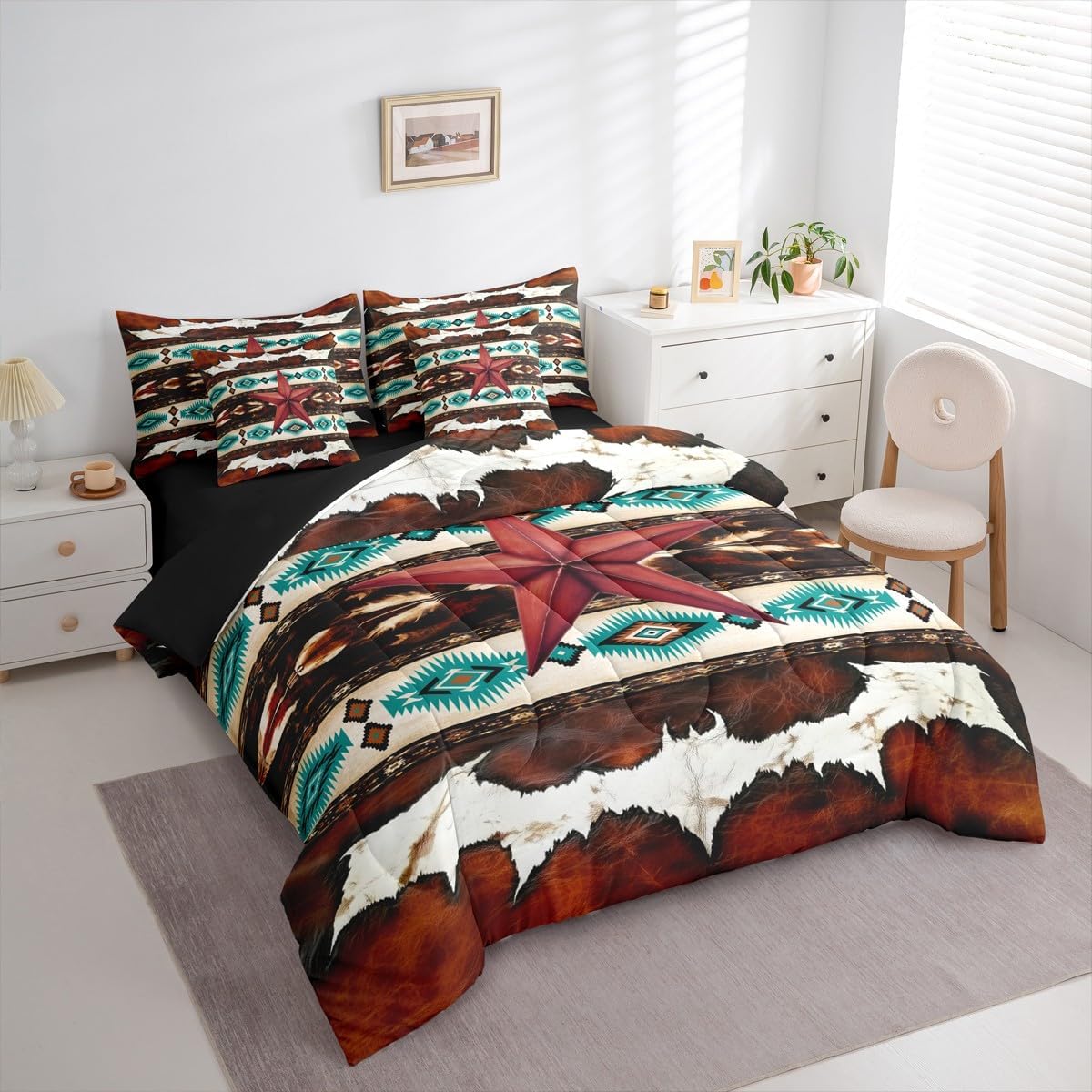 Feelyou Vintage Western Texas Star Print Queen Comforter Set with Sheets Cowhide Cow Print Retro Fur 7 Pieces Bedding Set Boho Rustic Farmhouse Bed in a Bag Exotic Geometric Room Decor Southwest Aztec