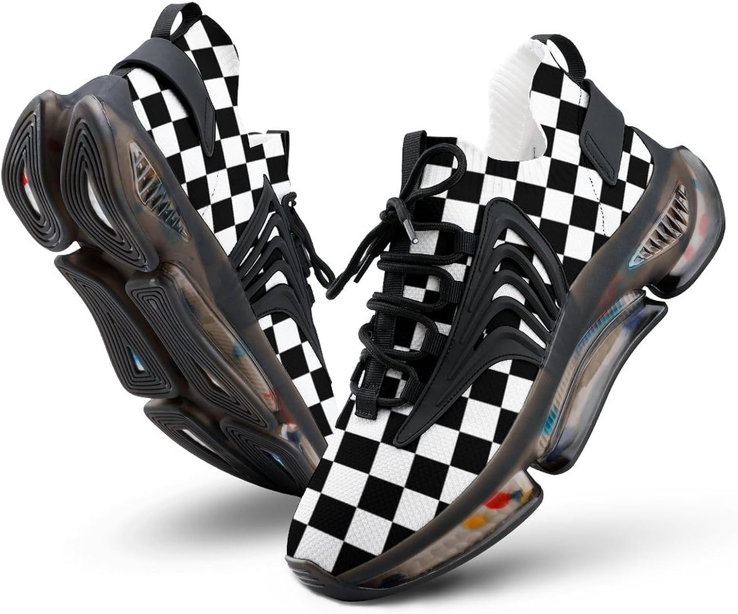 Black White Racing Checkered Womens Running Shoes Non Slip Walking Sneakers Lightweight Athletic Shoes for Men
