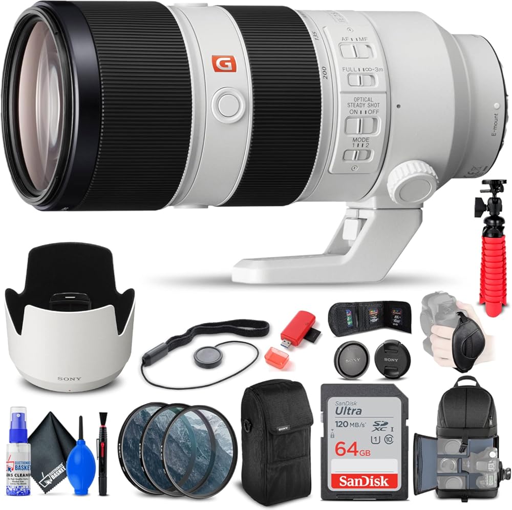 Sony FE 70-200mm f/2.8 GM OSS Lens (SEL70200GM) + Filter Kit + Backpack + 64GB Card + Card Reader + Flex Tripod + Memory Wallet + Lens Cap Keeper + Cleaning Kit + Hand Strap + More (Renewed)