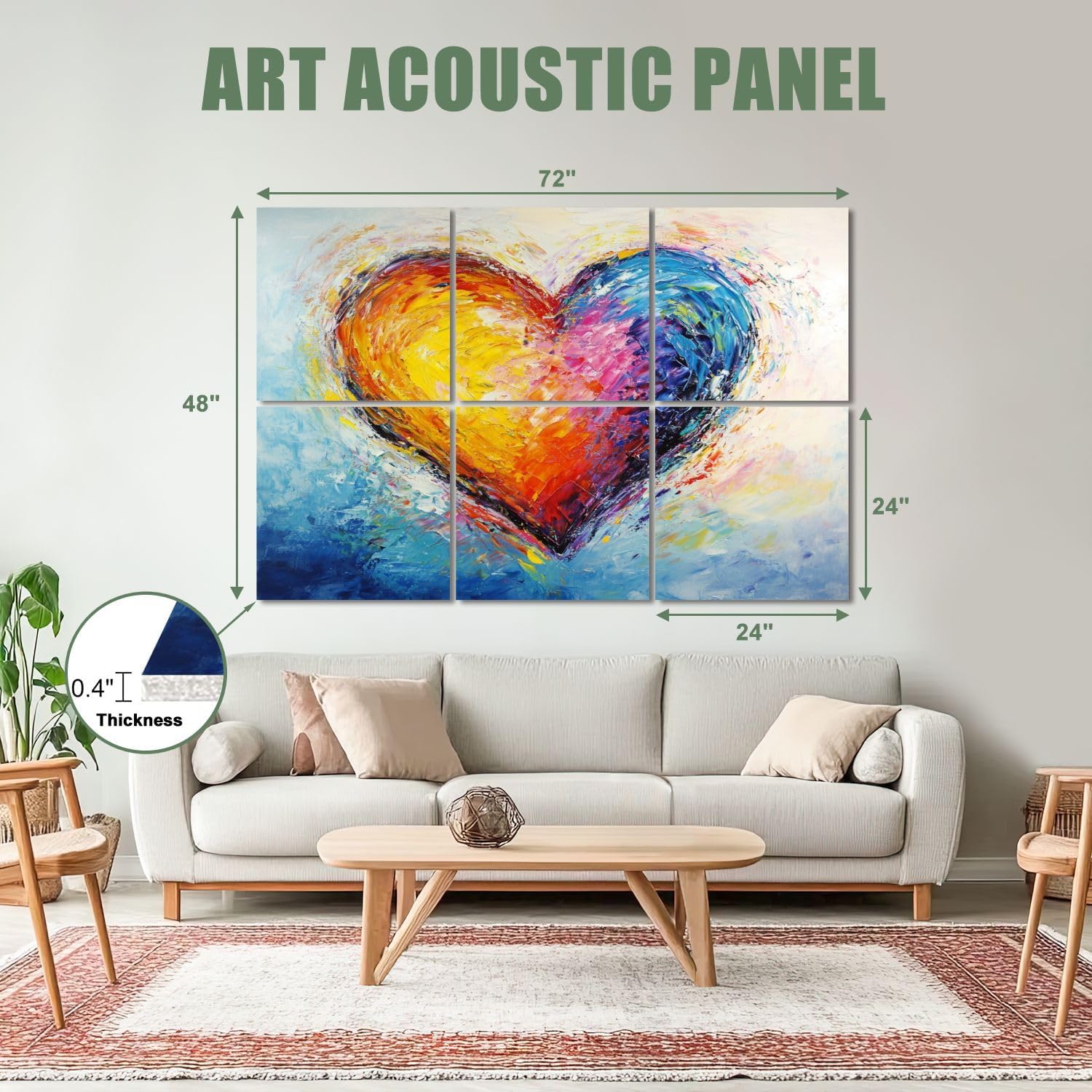 6 Pack Art Acoustic Panels Sound Absorbing Abstract Colorful Textural Heart Multicolored Brushstroke Textures Decorative Soundproof Wall Panels Self Adhesive for Recording Studios Office 72
