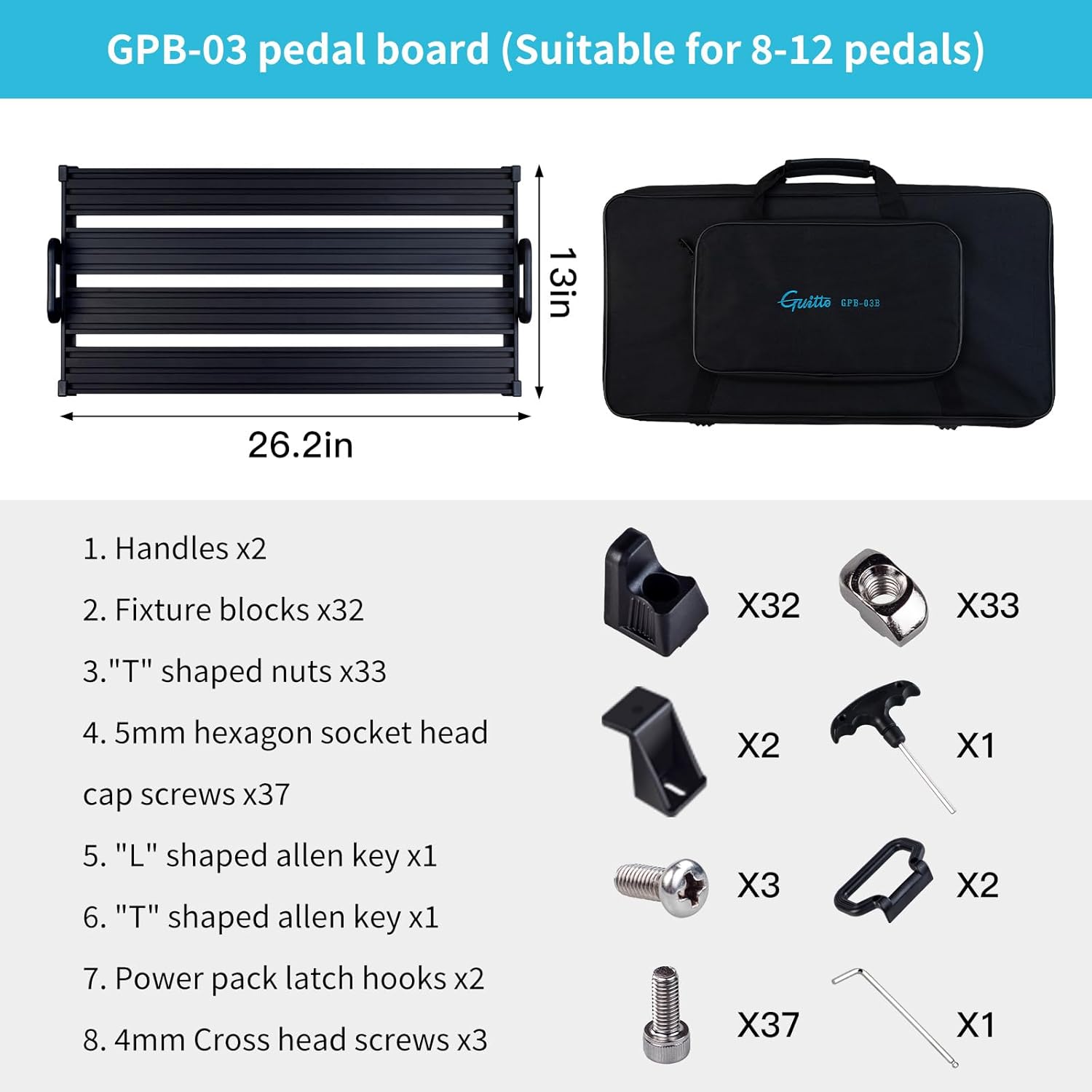 GUITTO Guitar Pedalboard - No-Strap Guitar Pedal Board Aluminum Alloy with Carry Bag No Residue (GPB-03 Large)