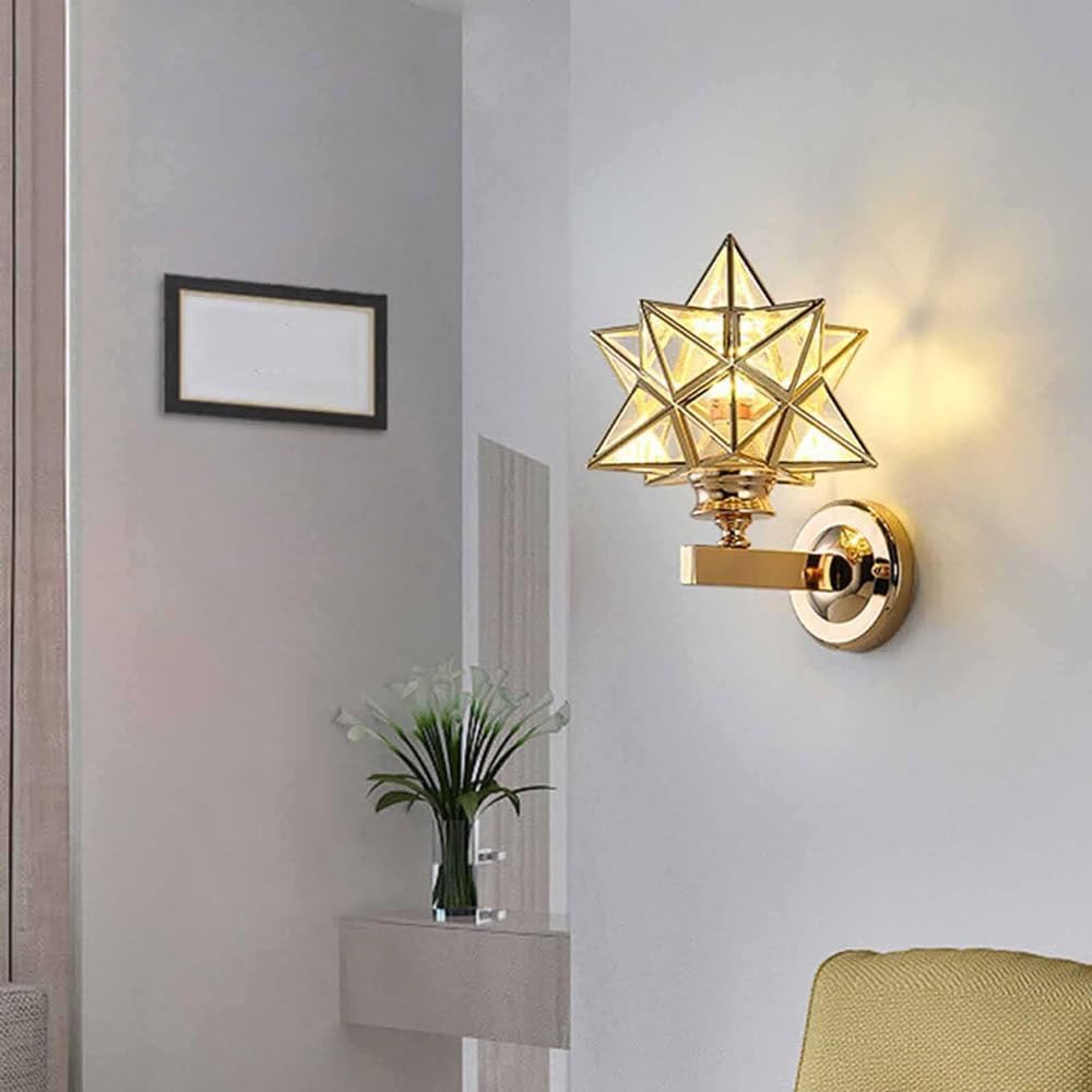 Moravian Star Wall Light Fixture, Gold Wall Sconces Set of 2 Modern Vanity Lighting Fixtures with Clear Shade, Indoor Metal Wall Mount Lamp for Living Room Bedroom Kitchen Hallway Mirror