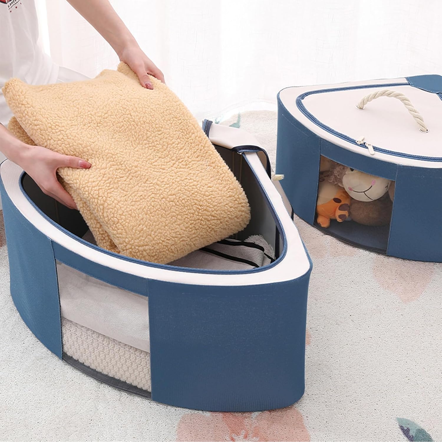 2PCS Corner Baskets Triangle Storage, Fan Shaped Storage Box with Lid and Handle, Foldable Storage Bins, Waterproof Oxford Cube Boxes, Large Capacity Storage Container for Bedroom Office(Dark gray-L)