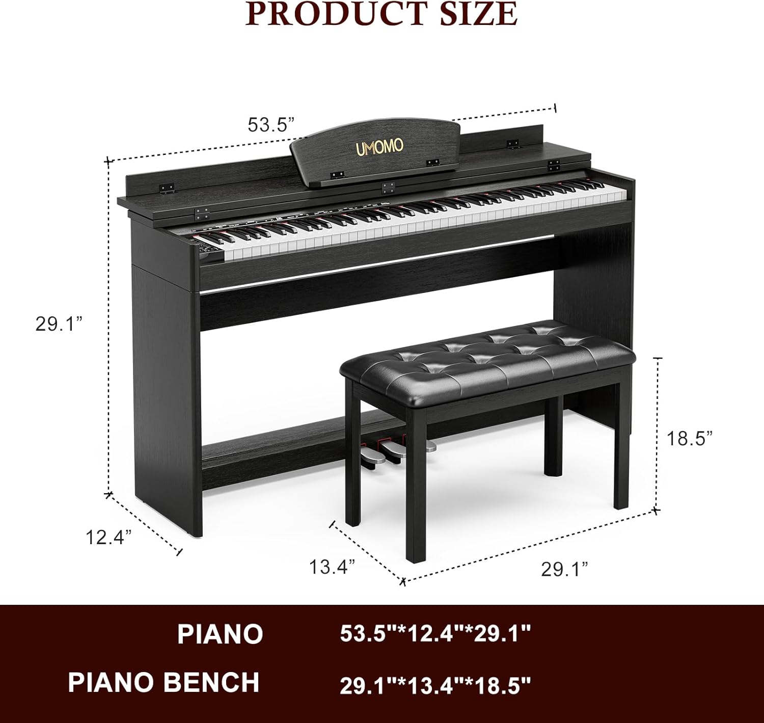 UMOMO 88 Key Full Size Digital Piano Electric Keyboard with Piano Bench, Music Stand+Power Adapter+3-Pedal Board+Instruction Book+Headphone Jack for Beginner/Adults, Black