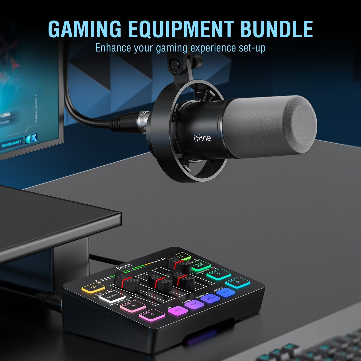 FIFINE Gaming Audio Mixer and XLR/USB Dynamic Microphone Bundle, Streaming 4-Channel RGB Mixer with XLR Microphone Interface,48V Phantom Power for Game, Voice, Podcast, Recording, YouTube (SC3+K688)