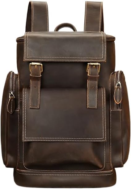 Genuine Leather Backpack Large Capacity Top Layer Cowhide Outdoor Travel Double Shoulder Bag Casual Gift Box (Coffee)