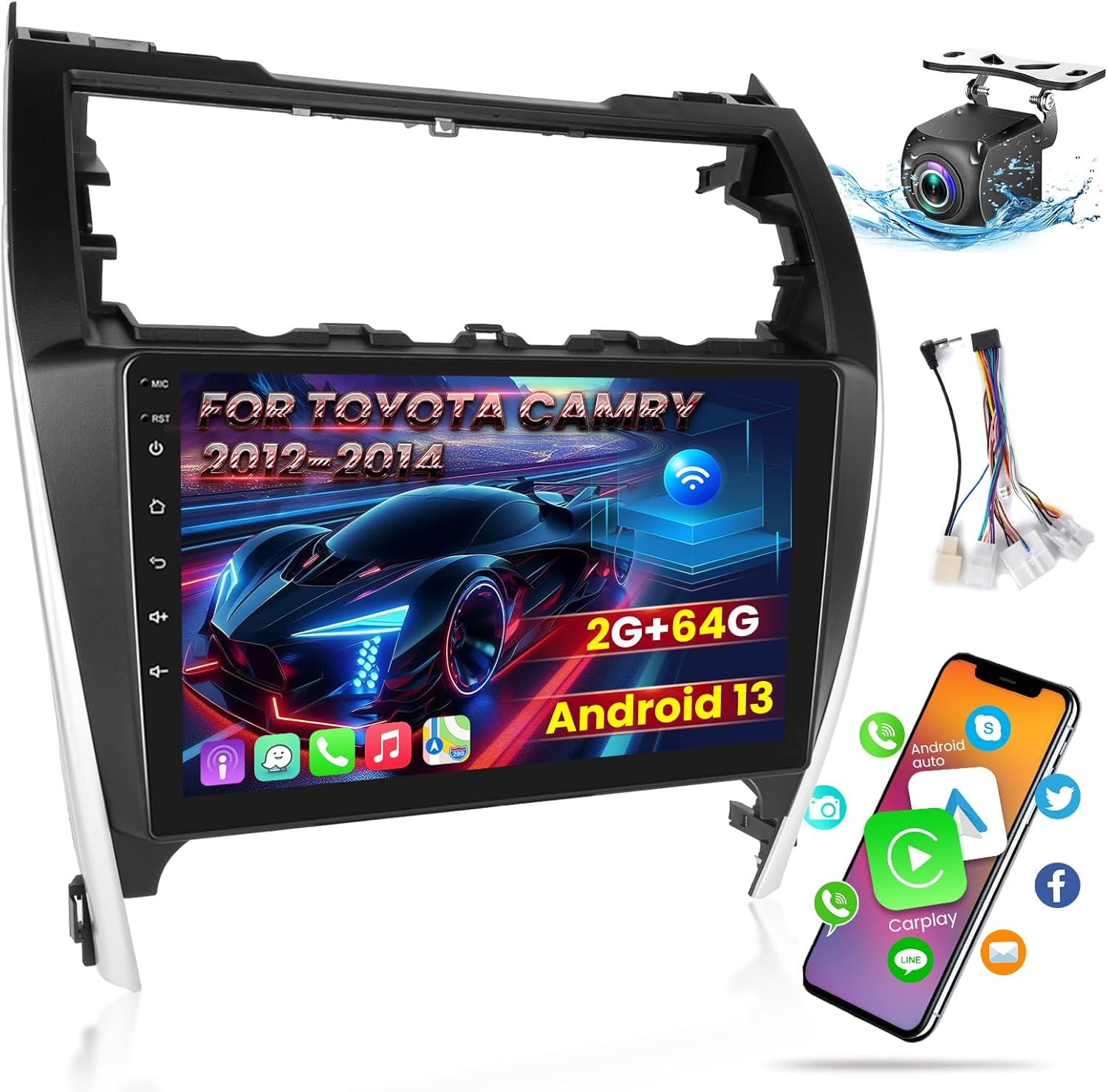 [2+64G] for Toyota Camry Radio 2012 2013 2014 with Carplay and Android Auto, Android 10.1 inch Touch Screen Camry Car Stereo, HiFi Audio/Bluetooth/WiFi Hotspot/SWC/GPS