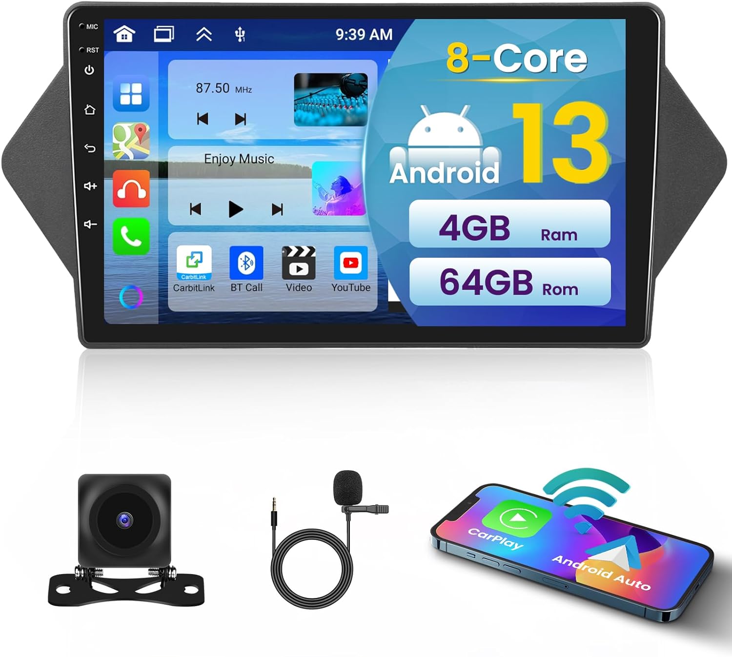 [8 Core 4+64GB] Android 15 Car Radio for Honda Acura MDX 2007-2013 with Wireless Carplay Android Auto, 9 Inch Touchscreen Car Stereo with GPS WiFi Bluetooth5.0 FM/RDS EQ SWC Backup Camera MIC