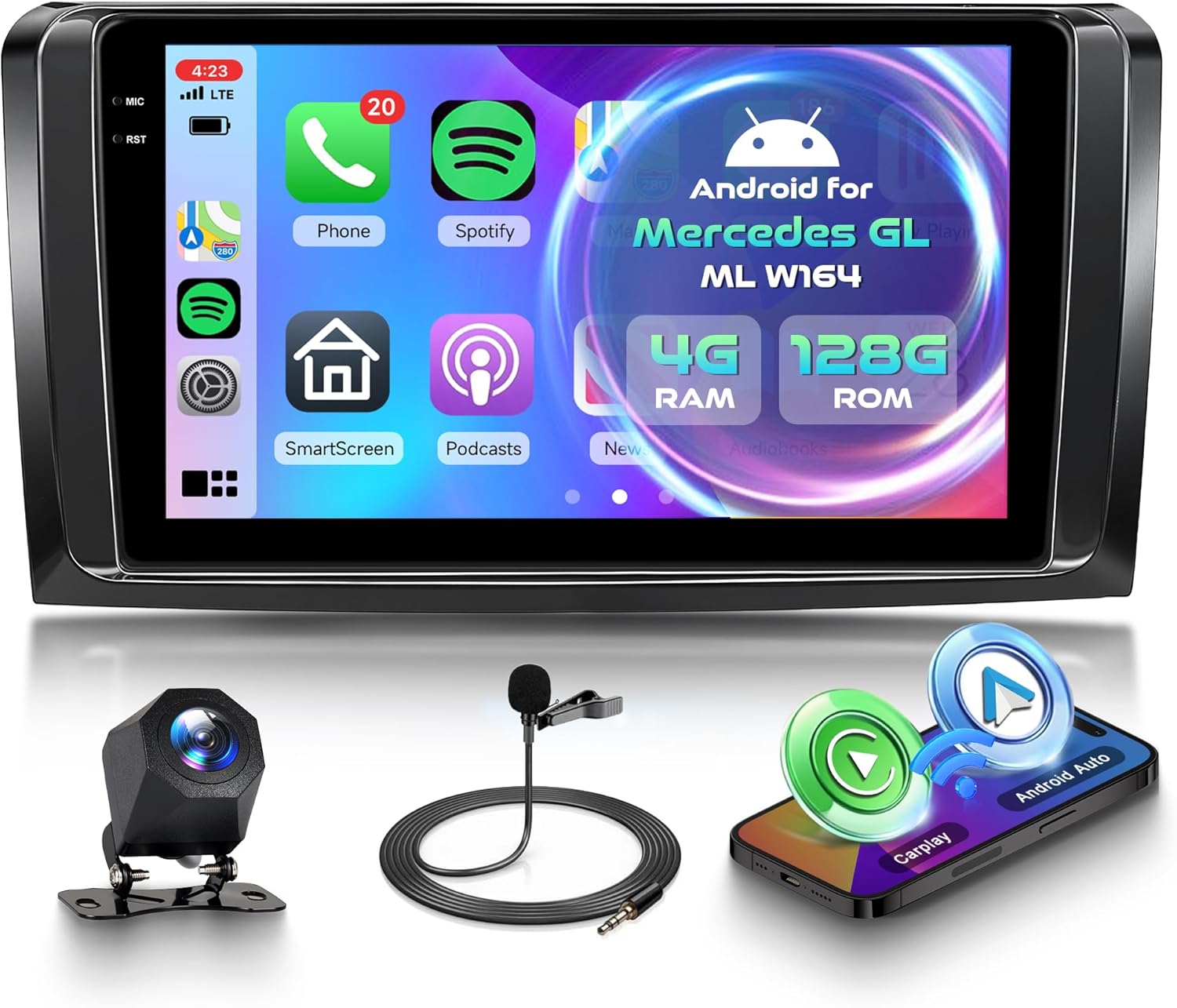 4G+128G Android Car Radio for Mercedes Benz GL ML W164 X164 ML350 ML500 ML280 GL320 GL350 GL450 2005-2011, 9” Wireless CarPlay Android Auto Car Stereo Mirror Link GPS WiFi BT FM RDS SWC Backup Camera