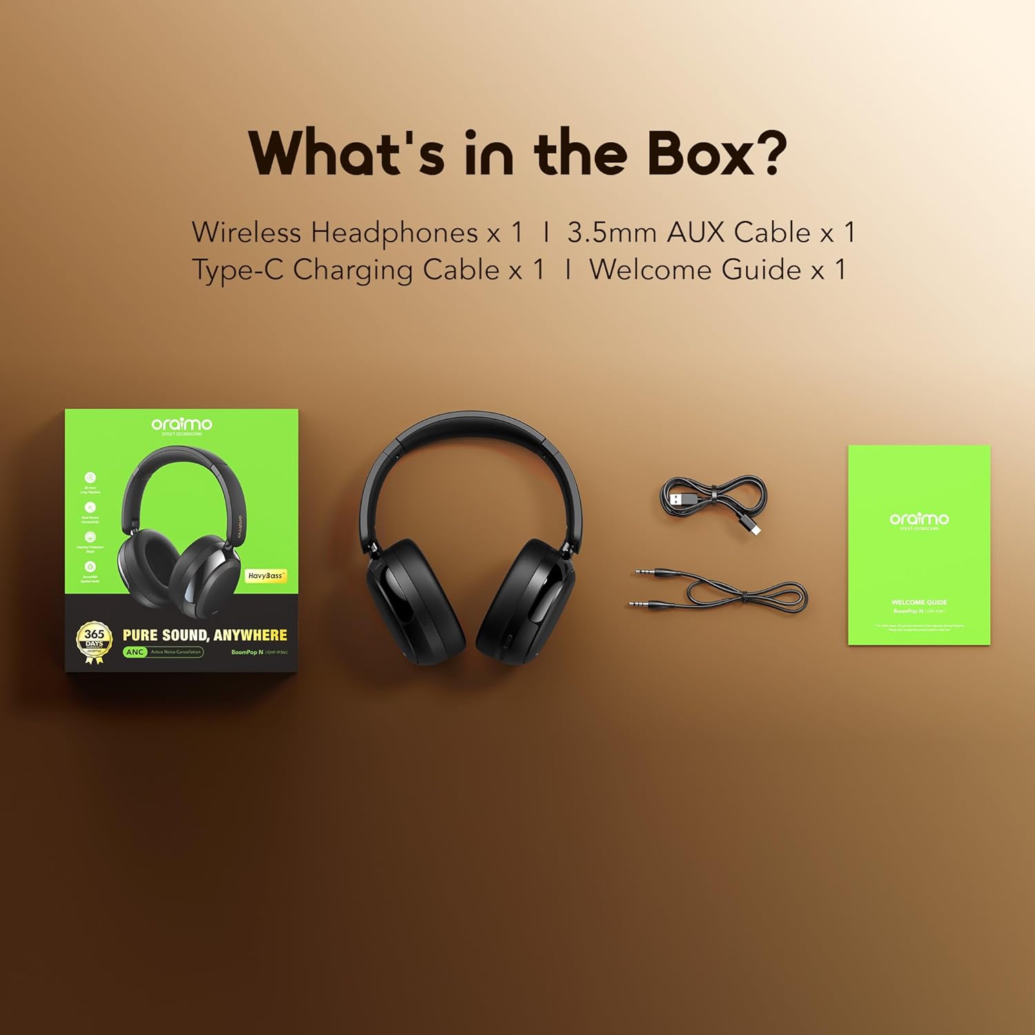 Oraimo Active Noise Cancelling Bluetooth Headphones, 65H Playtime, 3 EQ Modes, Deep Bass, Bluetooth 5.4, Wireless Over-Ear Headphones with Microphone for Game, Office, Travel, Black