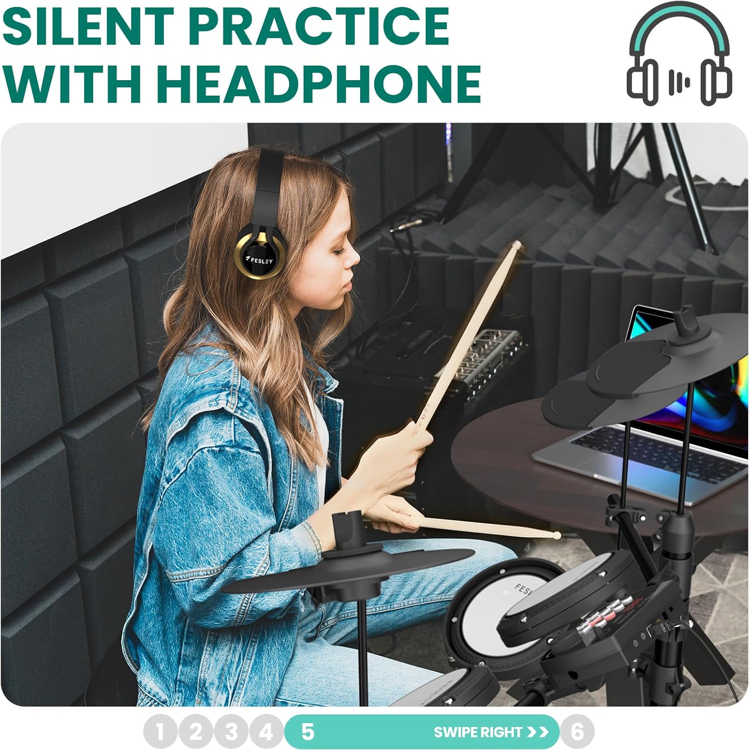 Fesley FED150W Electric Drum Set: Dual Zone Snare Drum,2 Cymbals w/Choke, 200 Sounds, 4 Quiet Mesh Drum Pads, Portable Electronic Drum Kit for Beginner, Bluetooth, MIDI, Throne, Headphone, Sticks