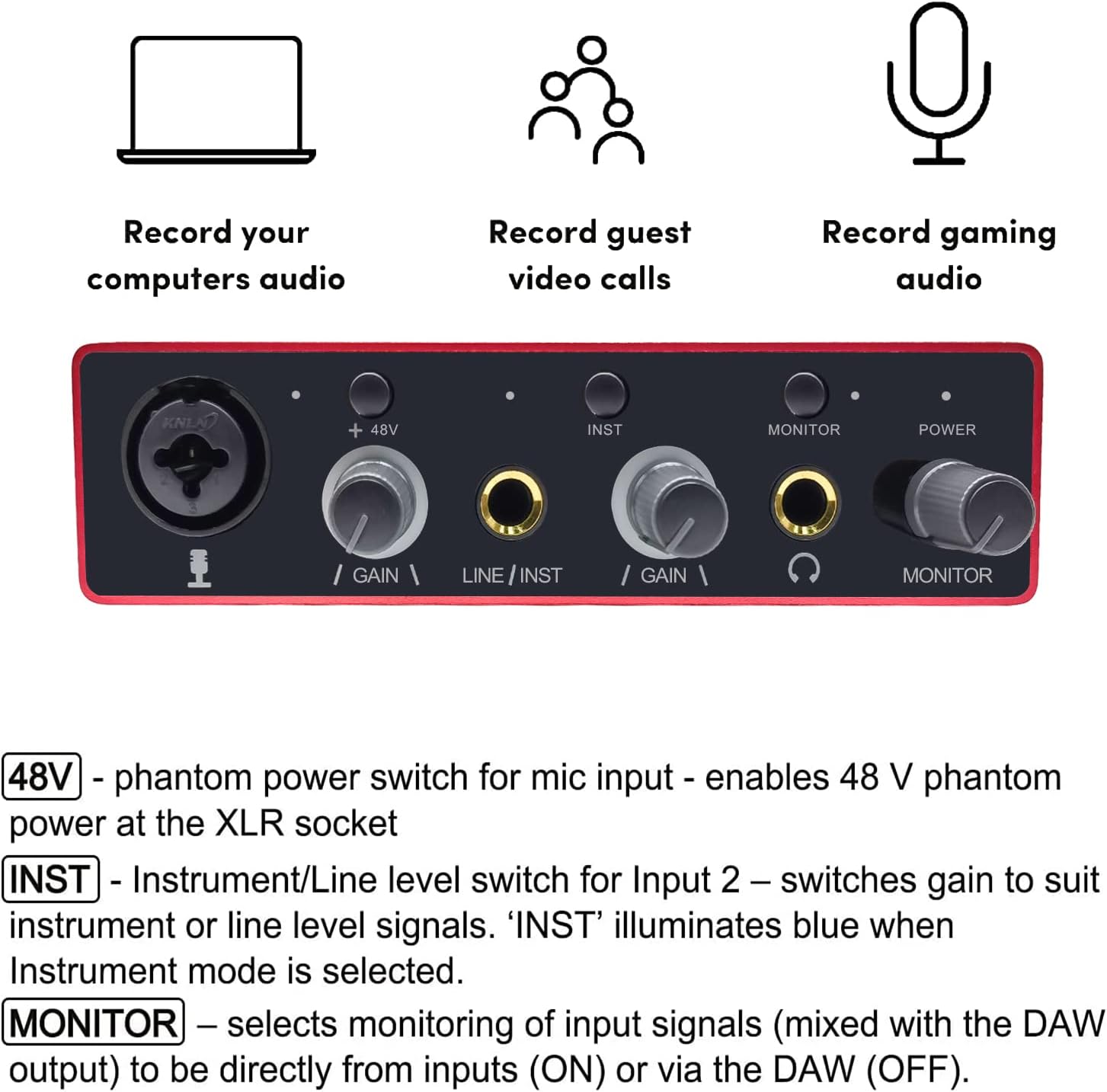 Audio Interface USB Audio Interface with Mic Preamplifier USB Audio Mixer Recorder with 48V Phantom Power, 24 Bit, Support Tablet, Computers and Other Equipment Recording （NO DAW Software included）