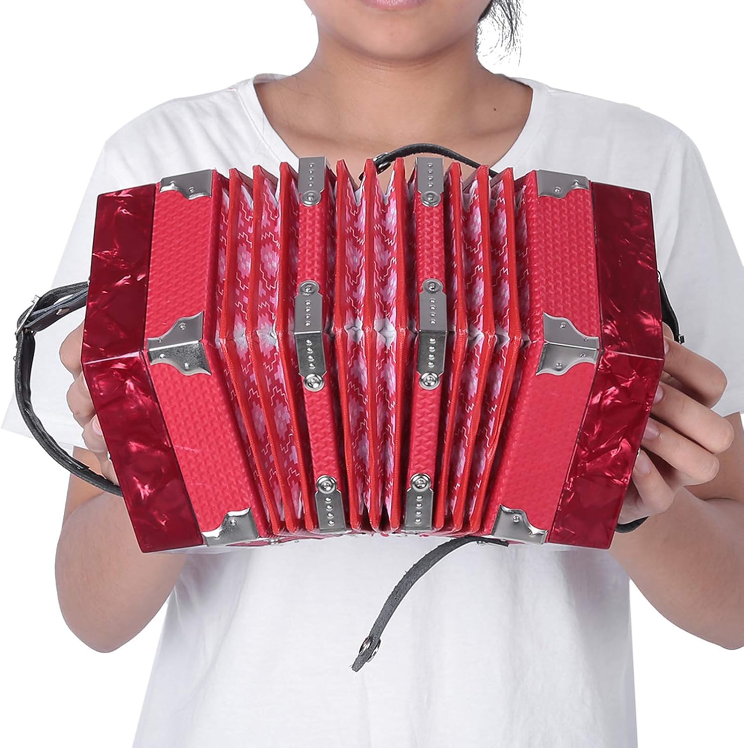 20 Buttons Accordion, ABS Concertina Accordion Lightweight Instrument Acordion Concertina with 2 Arm Straps Convenient Handle, Bag Included (Red)