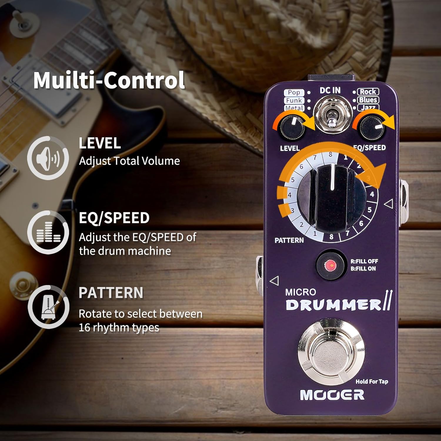 MOOER Micro Drummer II Guitar Drummer Pedal Drum Machine Effect with FILL Function, 48 Drum Grooves, and 6 Music Style Per 8 Different Rythem, With EQ, Tap Tempo for Electric Guitar
