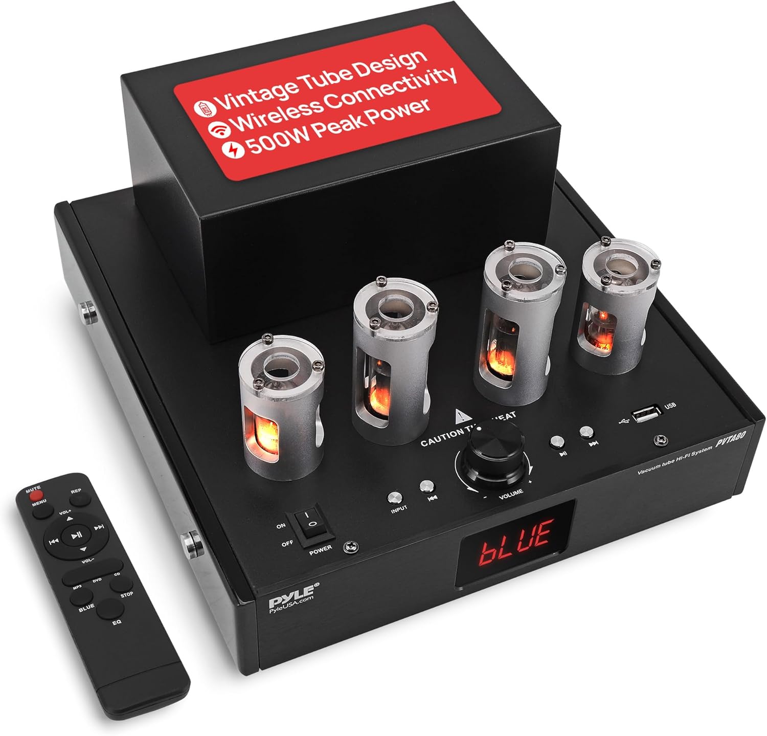 Pyle Bluetooth Amplifier Receiver with 4 Vacuum Tubes - 500W High-Fidelity Home Audio Stereo System, USB Reader, CD/DVD Inputs, Subwoofer Output, Built-in Cooling Fan
