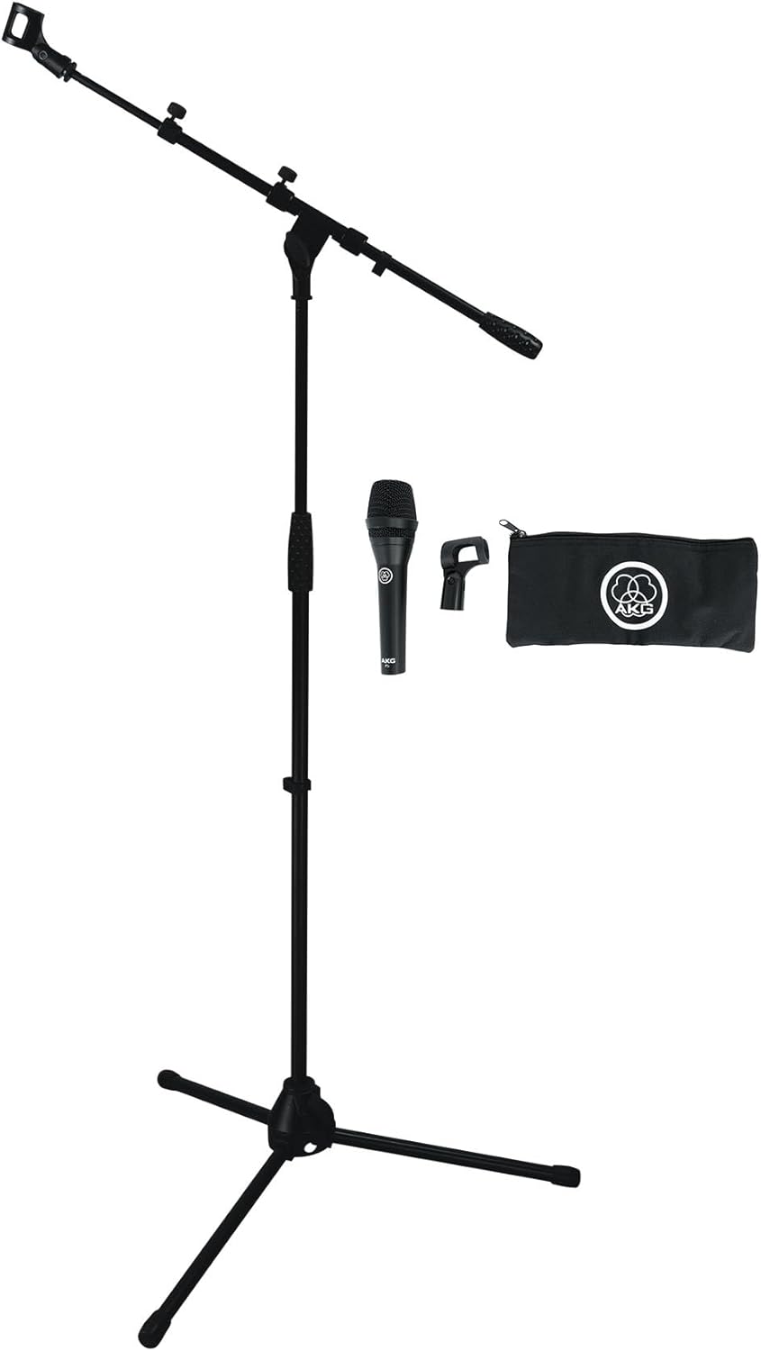 Audiosavings Bundle: (1) AKG P5i Handheld Dynamic Metal Vocal Microphone Mic Bundle with (1) Rockville RVMIC1 Microphone Stand Dual Boom & Tripod Base (2 Items)