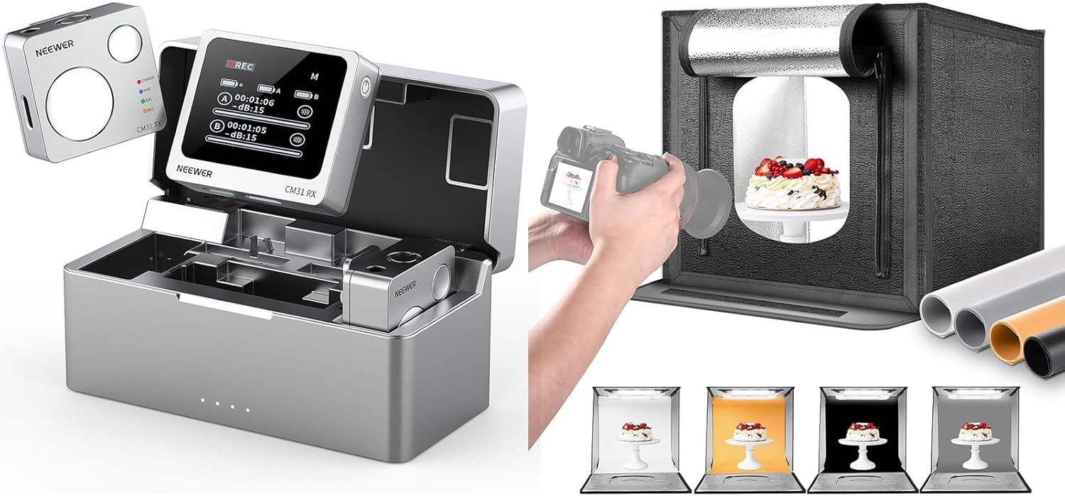 NEEWER CM31 Wireless Lavalier Microphone with 8GB Storage 820ft Range 48KHz 24Bit Noise Cancelling Compatible with iPhone iPad Android PC Camera, 50W Upgraded Photo Studio Light Box Included