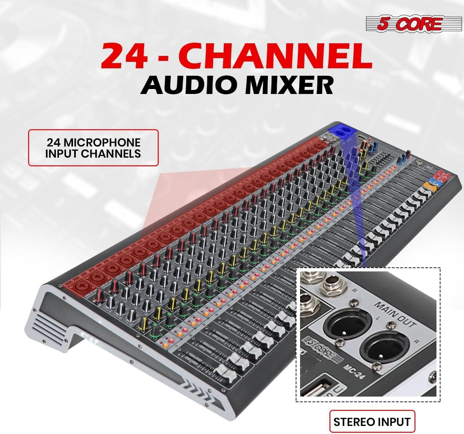 5 Core Audio Mixer 24 Channel DJ Sound Board w Bluetooth USB PC Recording PA Analog Mixing Interface