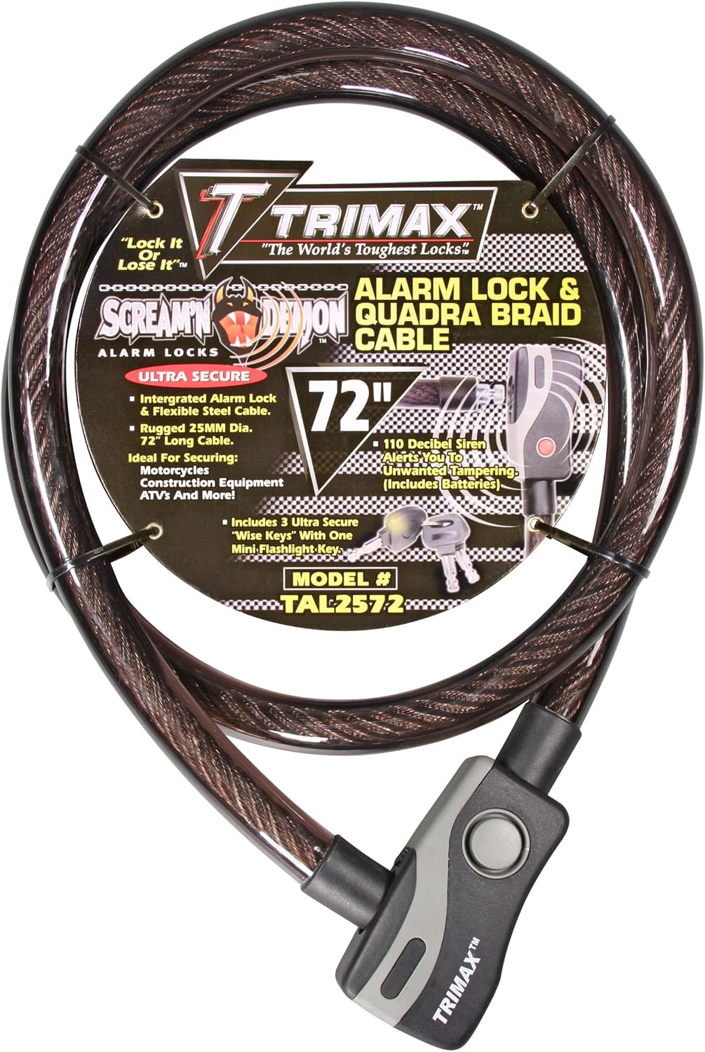 Trimax TAL2572 6' x 25 mm Alarm Lock and Quadra-Braid Cable, Black