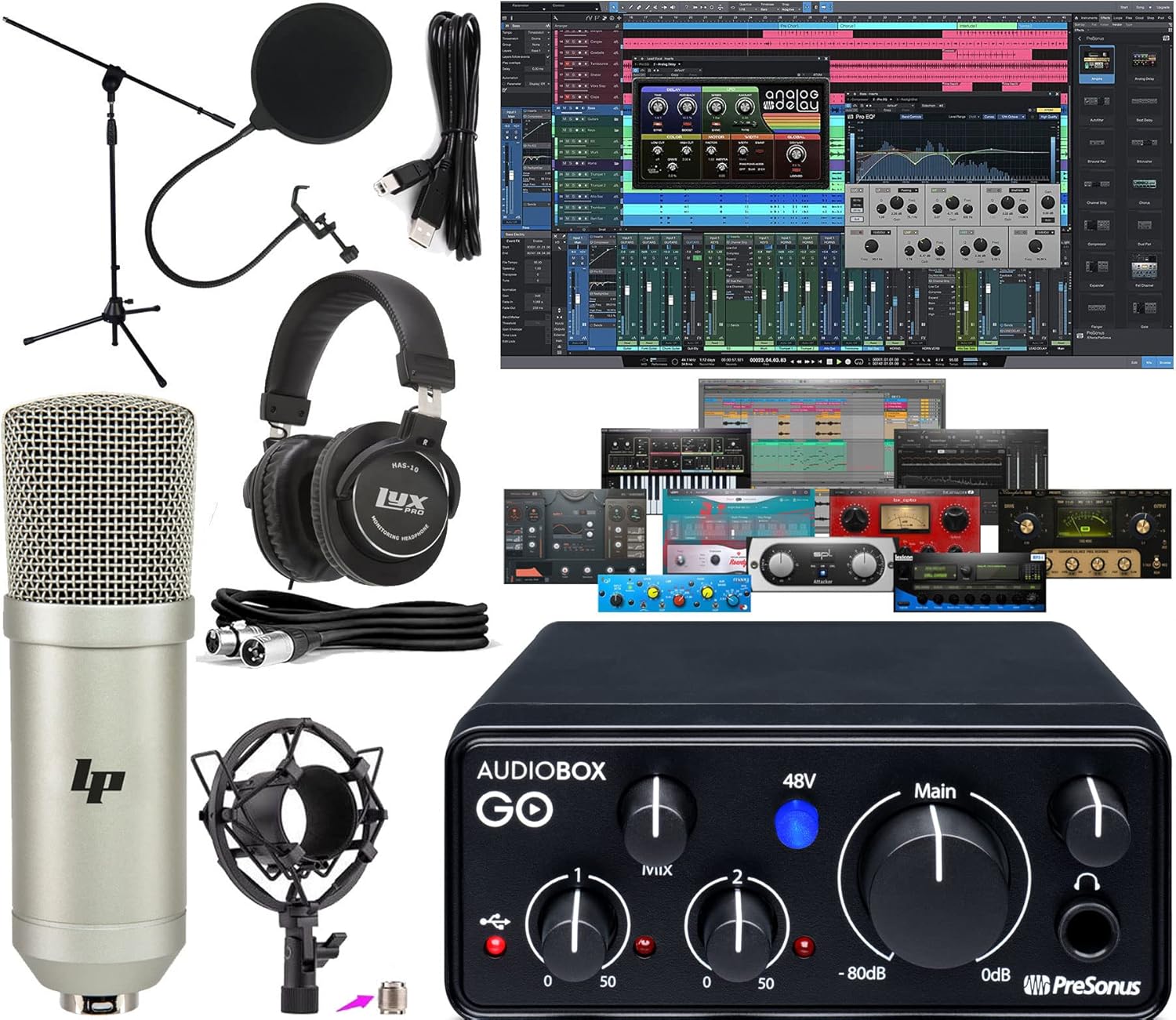 PreSonus AudioBox GO USB-C Recording Bundle with Condenser Microphone Studio Headphones Boom Stand Pop Filter XLR Cable and Studio One Music Production Software