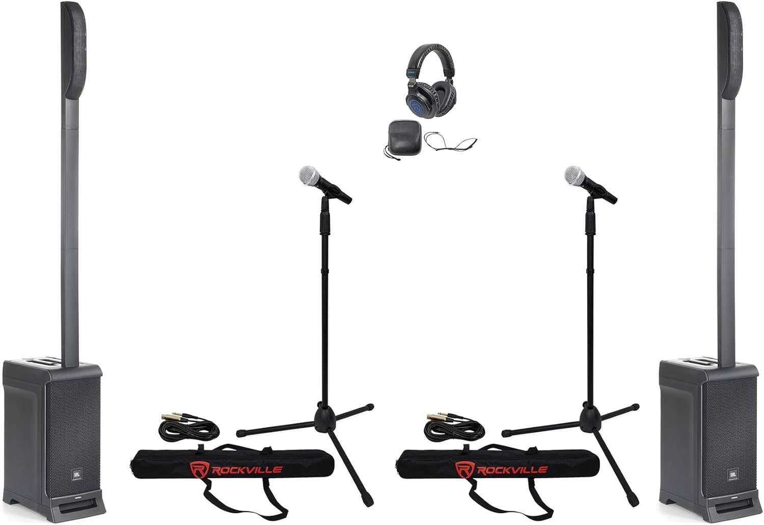 Audiosavings Bundle: (2) JBL IRX ONE Powered Line Array PA Speaker Bundle with (2) RV Pro MIc Kit 1 - High-End Metal Microphone & (1) Rockville DJ1500 DJ Headphones w/Detachable Coil Cable (Items 5)