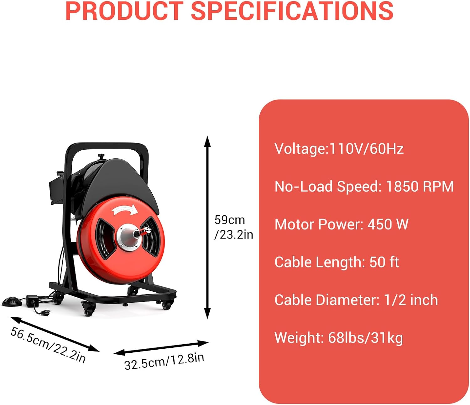 50FTx1/2 Inch Drain Cleaner Machine with Wheels, Sewer Snake Electric Drain for 2