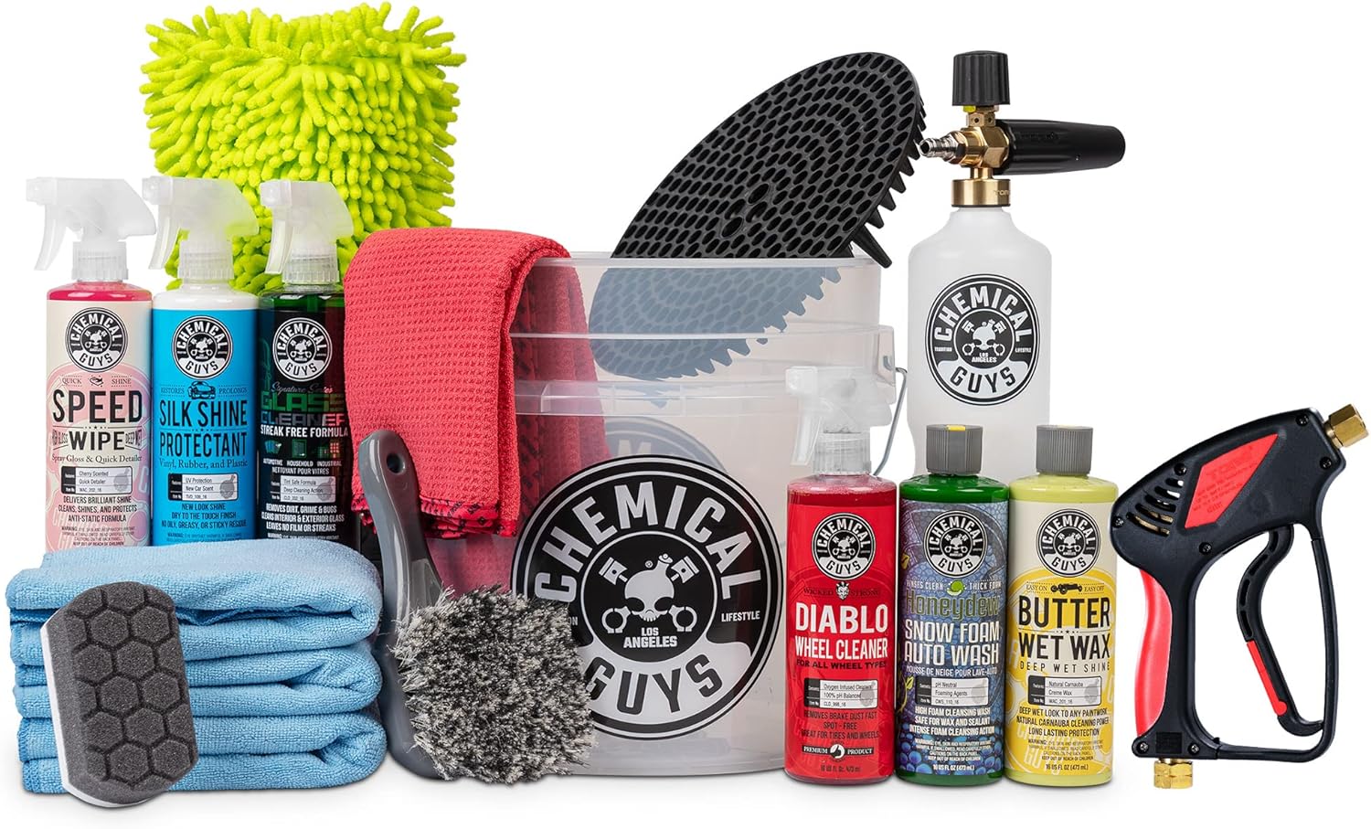 Chemical Guys HOL169 16-Piece Arsenal Builder Car Wash Kit, Foam Cannon, Bucket, (6) 16 oz Car Cleaning Chemicals (Works w/Pressure Washer) + EQP402 Snubby Pressure Washer Gun, Foam Cannon Attachment