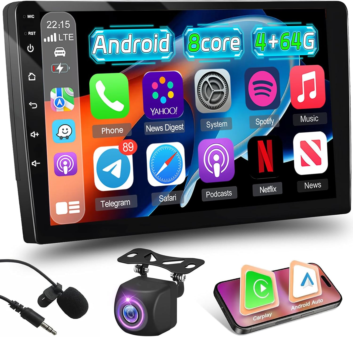 [Qualcomn 8 Core 4+64G] NHOPEEW Double Din Android Car Radio with Wireless Carplay and Android Auto - 10 Inch 1280 * 720 Touchscreen Car Stereo - DSP/GPS/WiFi/SWC/Bluetooth + AHD Backup Camera
