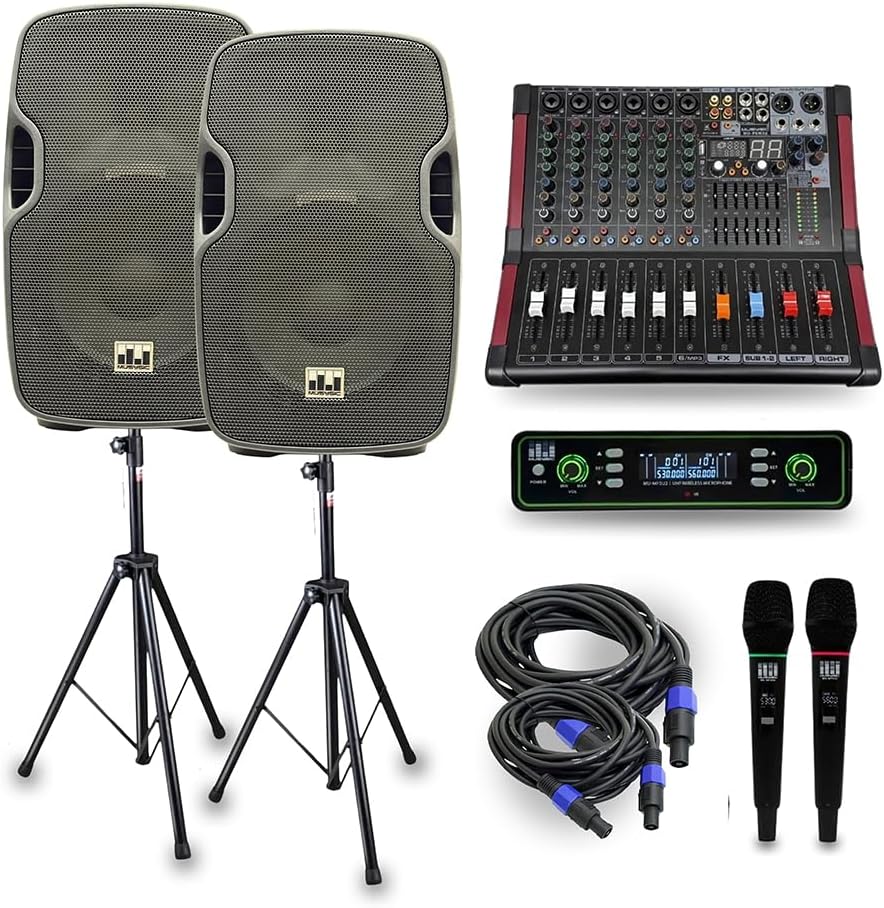 MUSYSIC Portable PA System with Wireless Microphone and Speakers – 6 Ch Audio Mixer with Built-in 2000W Amp & Wireless UHF Microphone System, Multiple Inputs, Complete w/Stands - 15