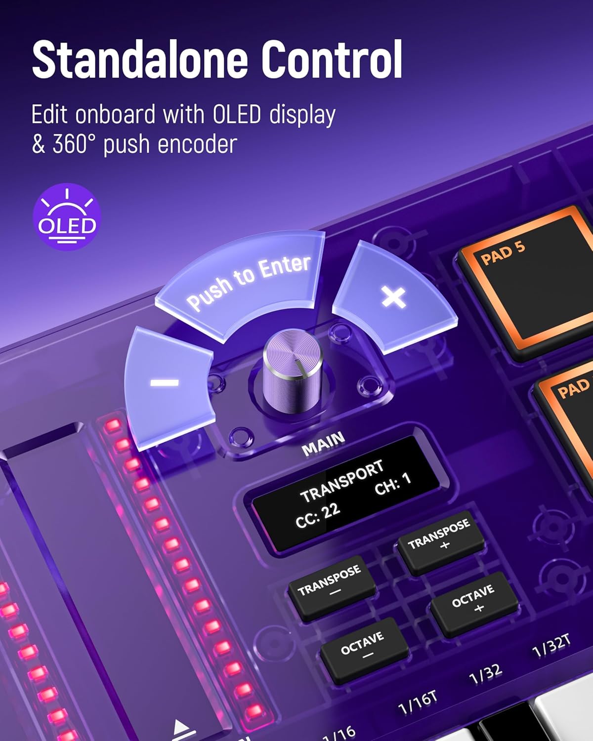 Synido 25 Key USB MIDI Keyboard Controller with Drum Pads, Professional Mini Midi Keyboard with OLED Screen, Beat Maker Machine for Music Production, Purple, TempoKEY K25