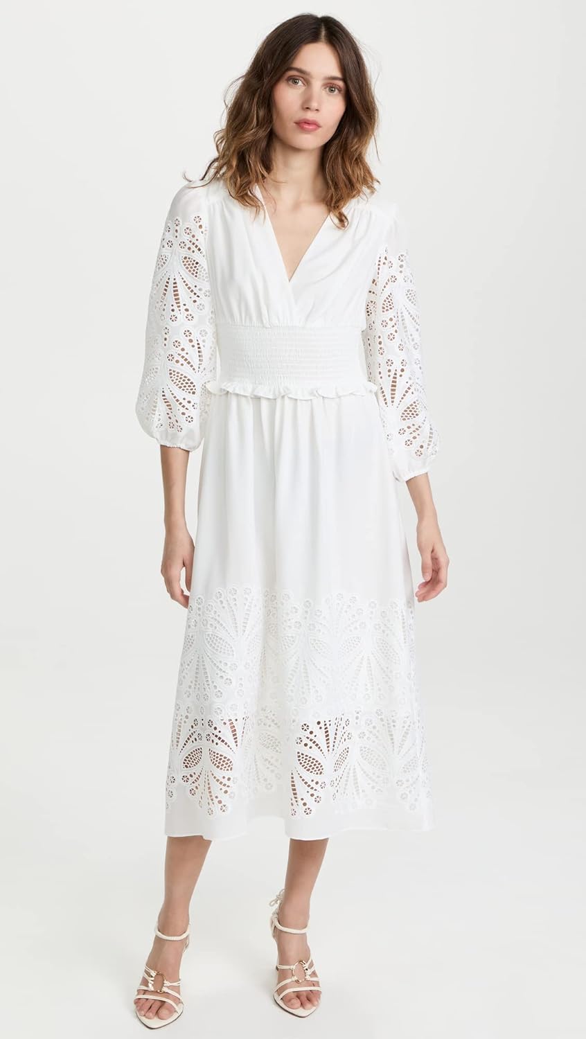 Shoshanna Women's Ari V-Neck Puff Sleeve Midi Dress