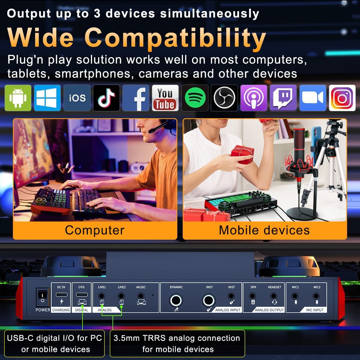 Tenlamp G9 Live Sound Card — Game audio mixer with built-in audio interface, compatible with smartphones and computers. Soundboard designed for live streaming and content creation.