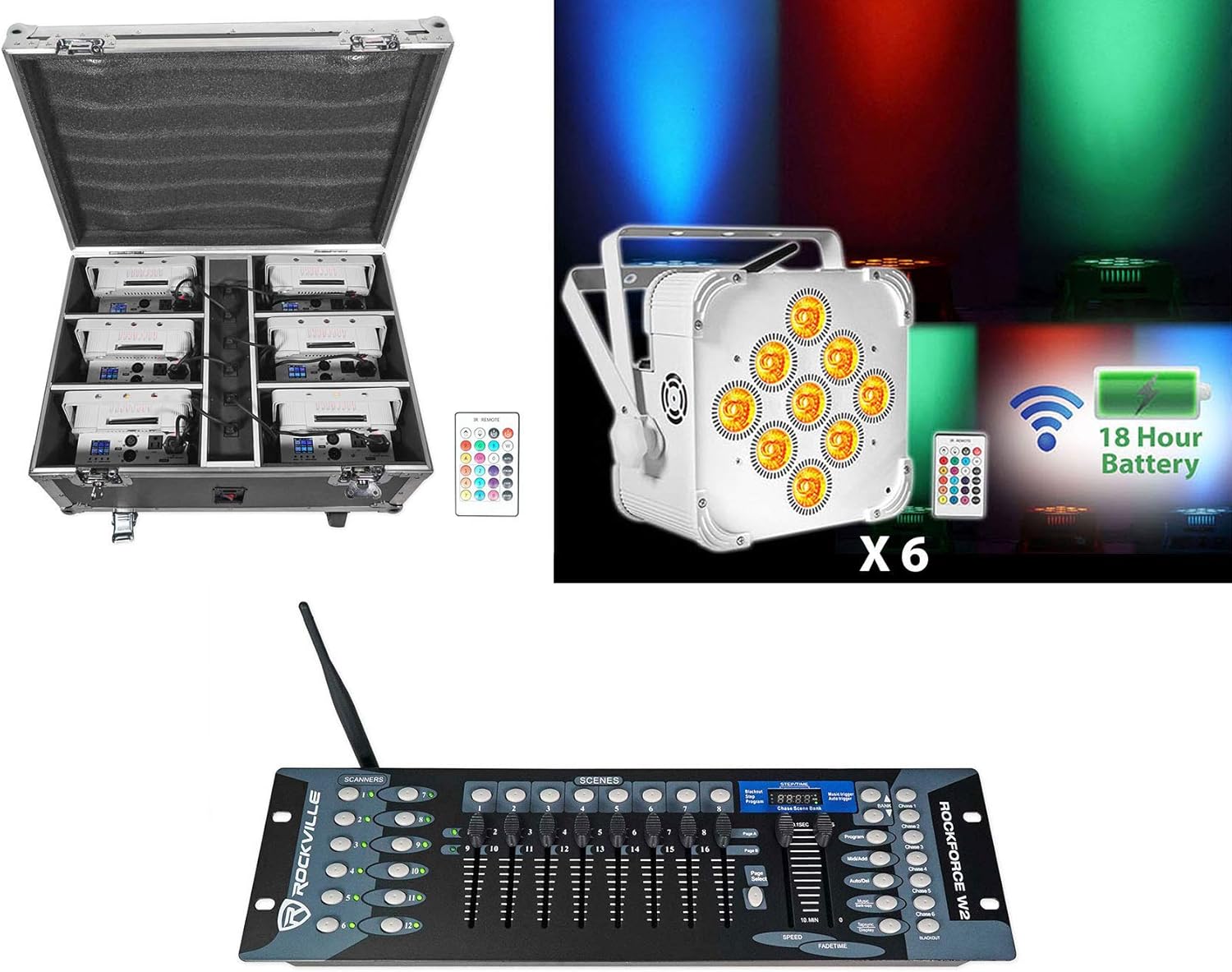 Rockville Best Pack 60 6 White Rechargeable Lights+Case+Wireless DMX Controller