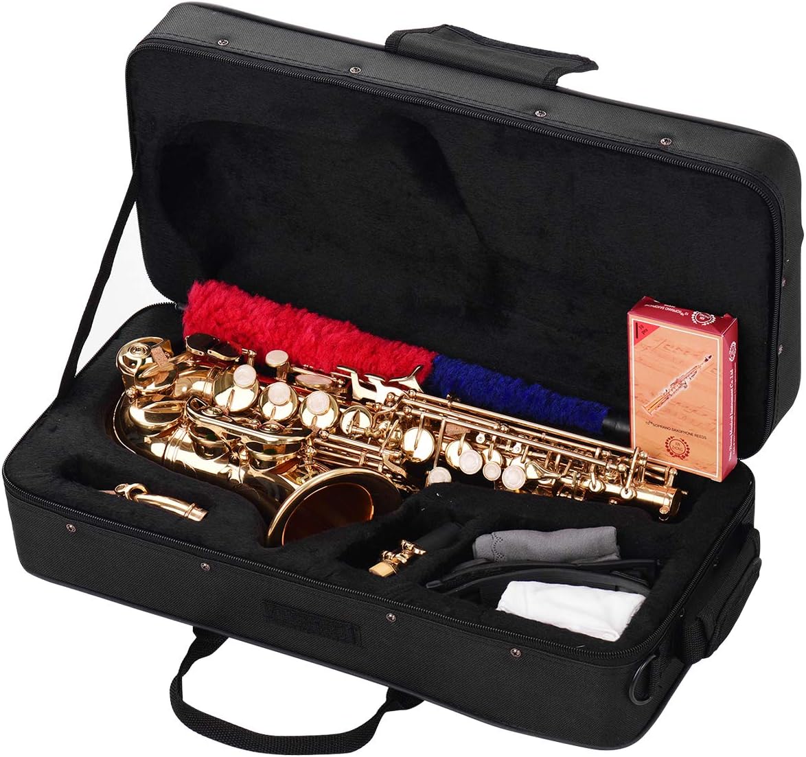 Saxophone, Soprano Saxophone,Mini Bb Soprano Saxophone Sax Brass Material Gold Laquer Surface Woodwind Instrument with Carry Case Gloves Cleaning Cloth Brush Reeds Sax Strap