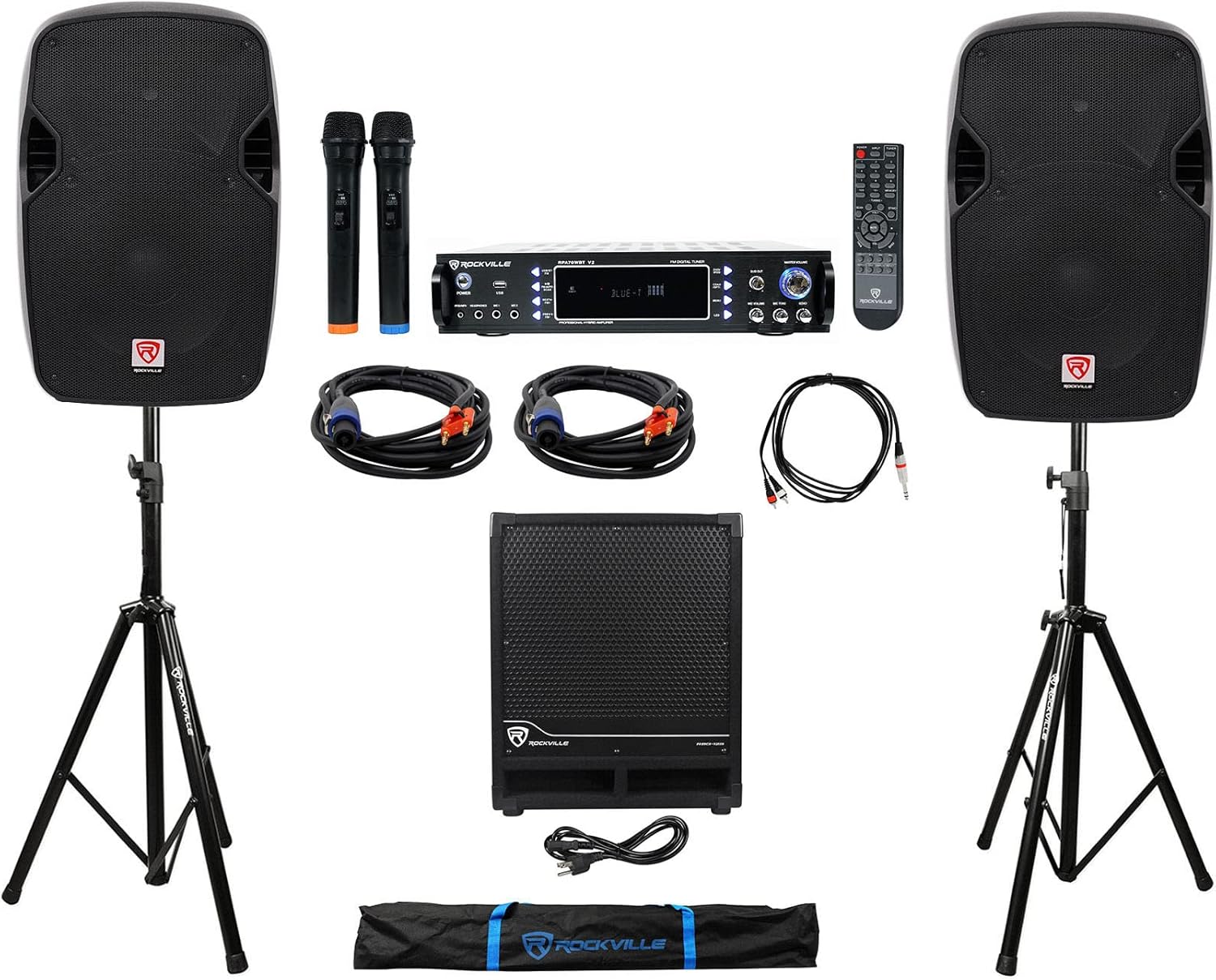 Rockville Bundle: (2) Rockville SPGN124 Speaker Cabinet Bundle with RBG12S Powered Subwoofer, (2) Tripod Speaker Stands, RPA70WBT V2 USB Karaoke Amp, (2) Banana Speaker Cable+RCA Cable (9 Items)