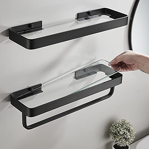 Shower Shelves Bathroom Shower Shelf, with Bar Black Glass Shelf, Wall Mounted Storage Holder Bathing Accessories (Color : 50cm Black)