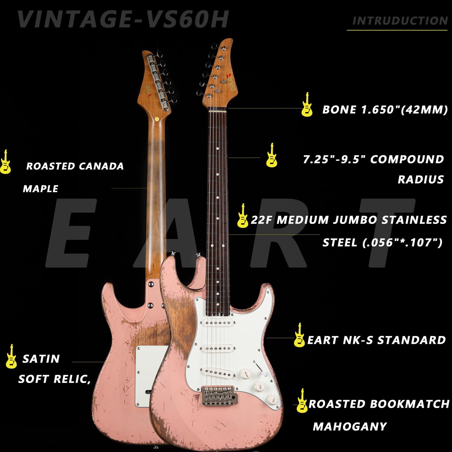 EART Vintage-VS60H 6 String Medium Relic Solid-Body Guitar-Full Size Roasted Rosewood Relic Finish VS60 Pickups 6-Point Synchronized Tremolo Bridge Electric Guitar for Blues, Classics,Right Hand