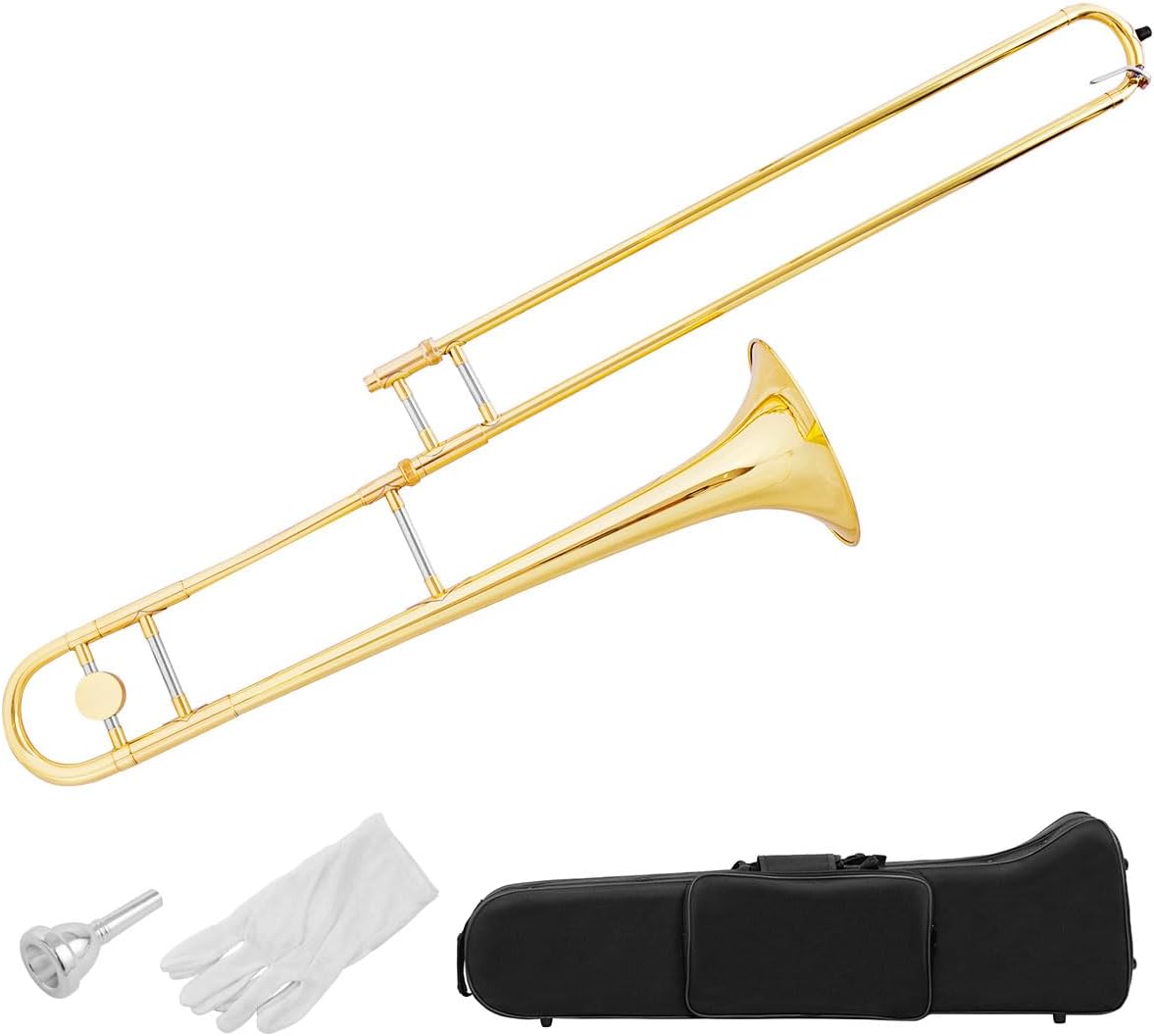 B Flat Tenor Slide Trombone, B Flat Brass Plated Trombone w/Carrying Case, White Gloves, Wipe Cloth, Mouthpiece for Standard Student Beginner Instrument, Portable