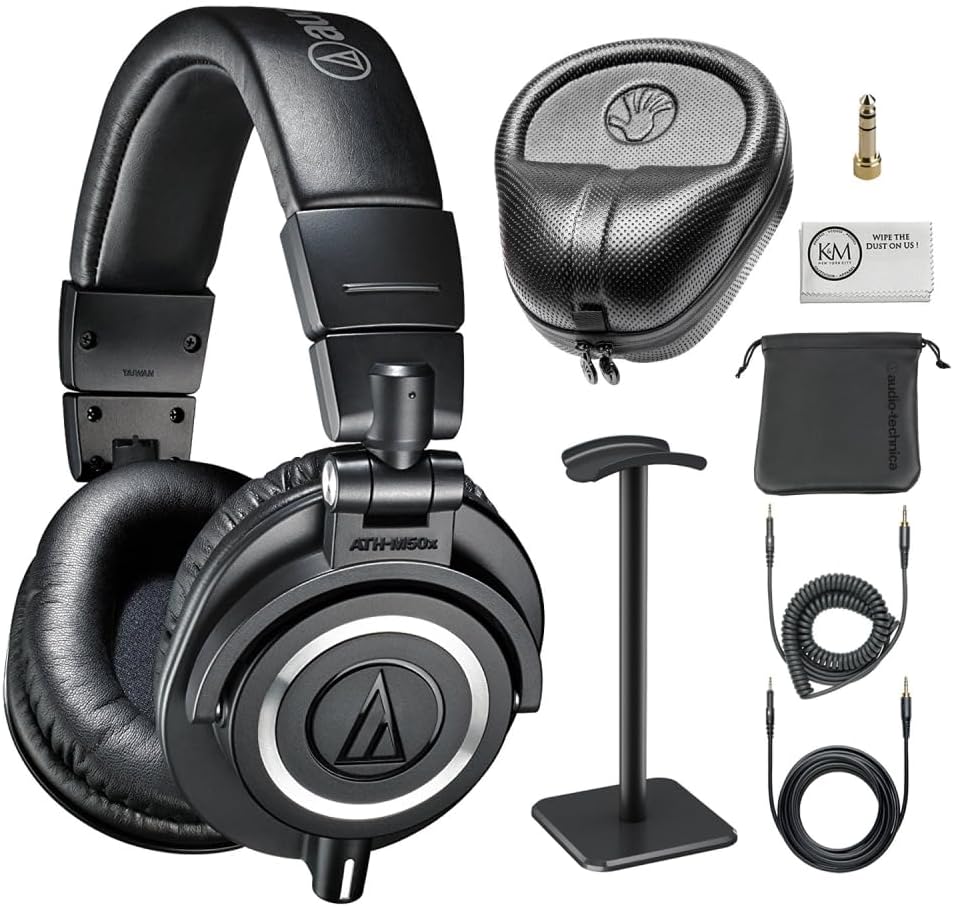 Audio-Technica ATH-M50x Closed-Back Monitor Headphones | Black Bundled with Headphone Stand + Headphone Case + Cleaning Cloth (4 Items)
