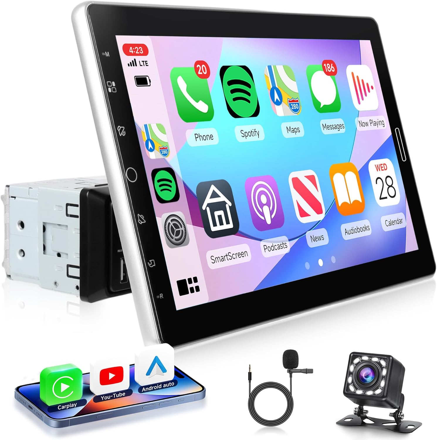 10.1 inch Single Din Car Stereo CarPlay Android Auto Mirror Link, KYNNT Detachable Touch Screen Car Radio with BT 5.0, Online Video Playback FM/EQ/USB/AUX/TF/SWC/MIC Car Audio Receiver Backup Camera