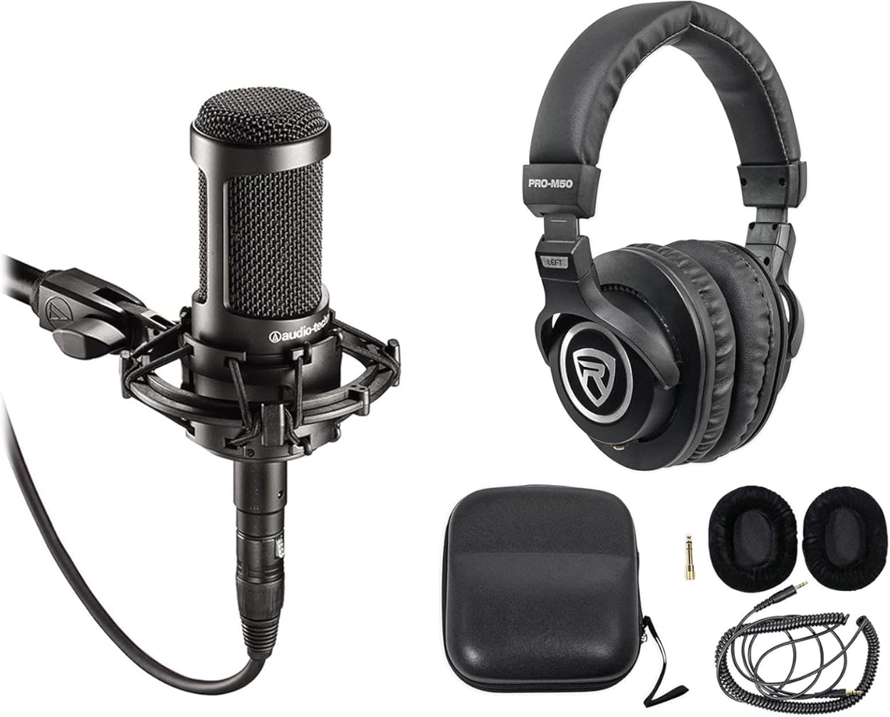 Audio-Technica AT2035 Side Address Cardioid Condenser Studio Microphone with Case Bundle with Rockville PRO-M50 Studio Headphones w/Detachable Coil Cable, Case with Extra Ear Pad
