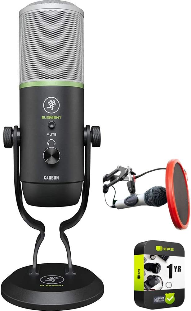 Mackie EM-Carbon Element Series Carbon USB Condenser Microphone Bundle with Deco Gear Universal Pop Filter Microphone Wind Screen and 1 YR CPS Enhanced Protection Pack
