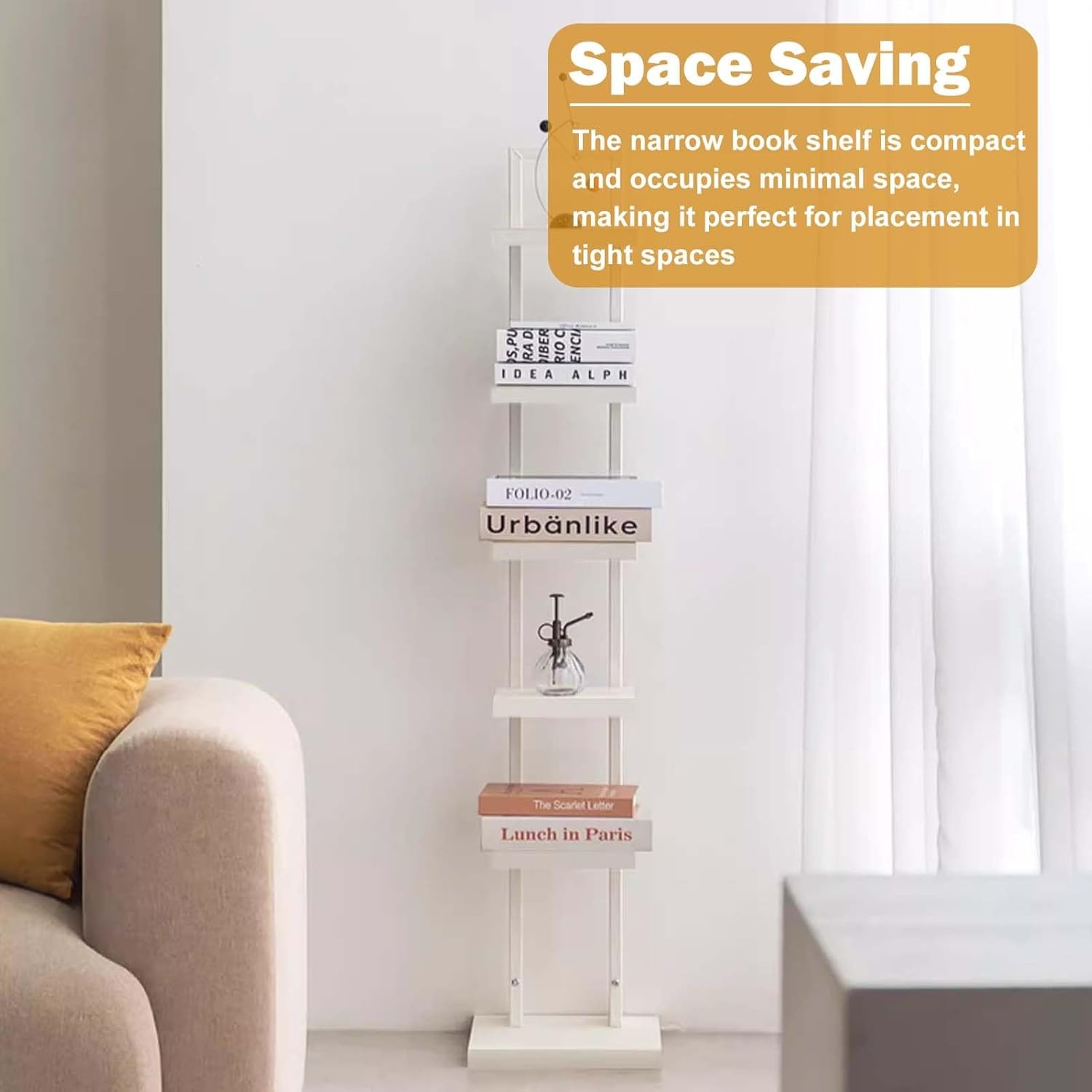 Vertical Bookshelf Tower Modern Shelf, White Metal Frame & Wood Board Bookcase, Corner Book Organizers for Small Space, 6 Layer Spine Book Tower