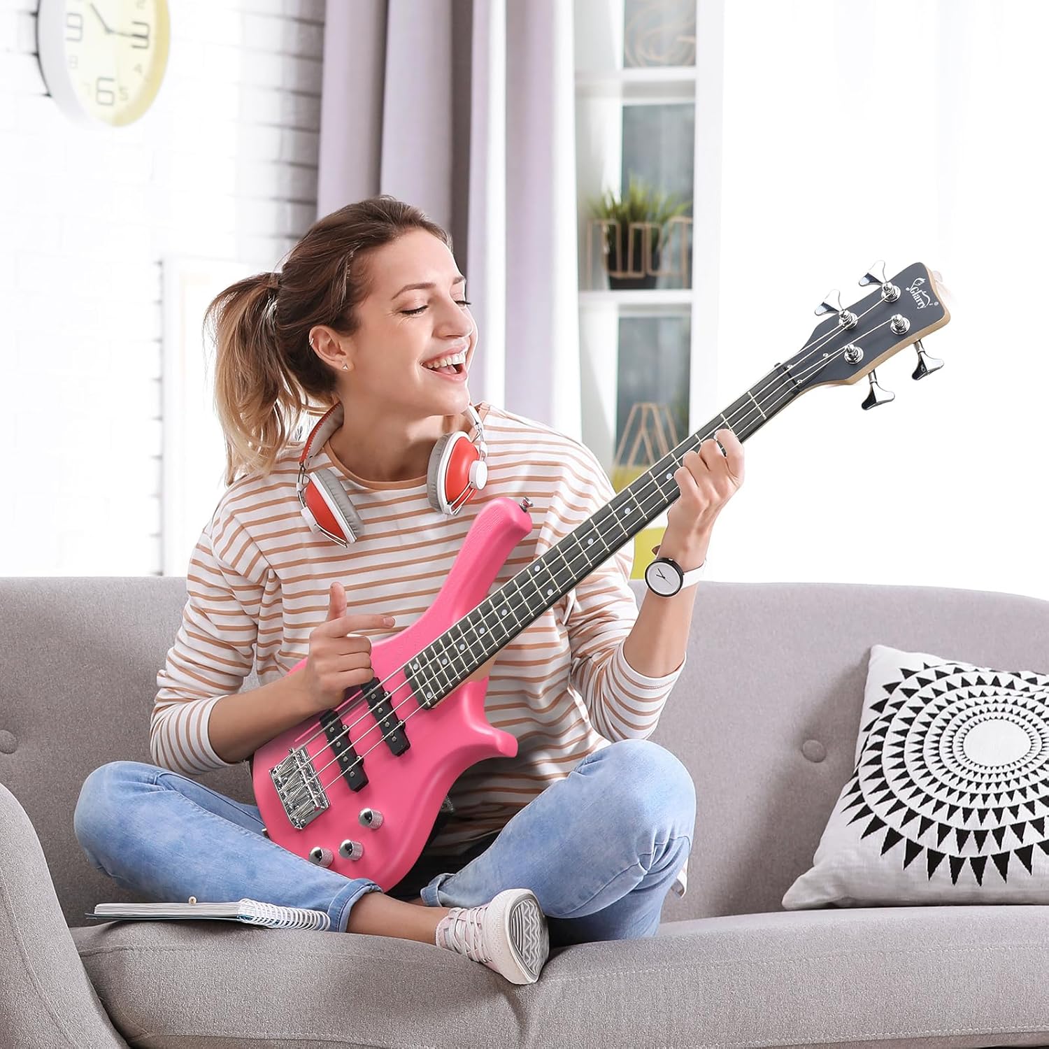 GLARRY 4 String Electric Bass Guitar, 36-inch Bass Guitar Beginner Kit with Cable, Strap and Bag for All Skill Level, Adults,Travel (Pink)
