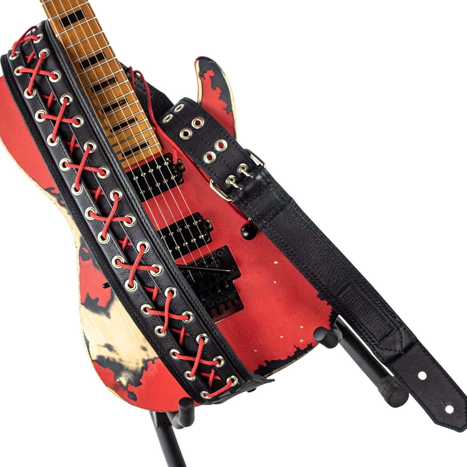 Sawtooth Red Lace 3” Wide Leather Guitar Strap Hand Crafted in the U.S.A.