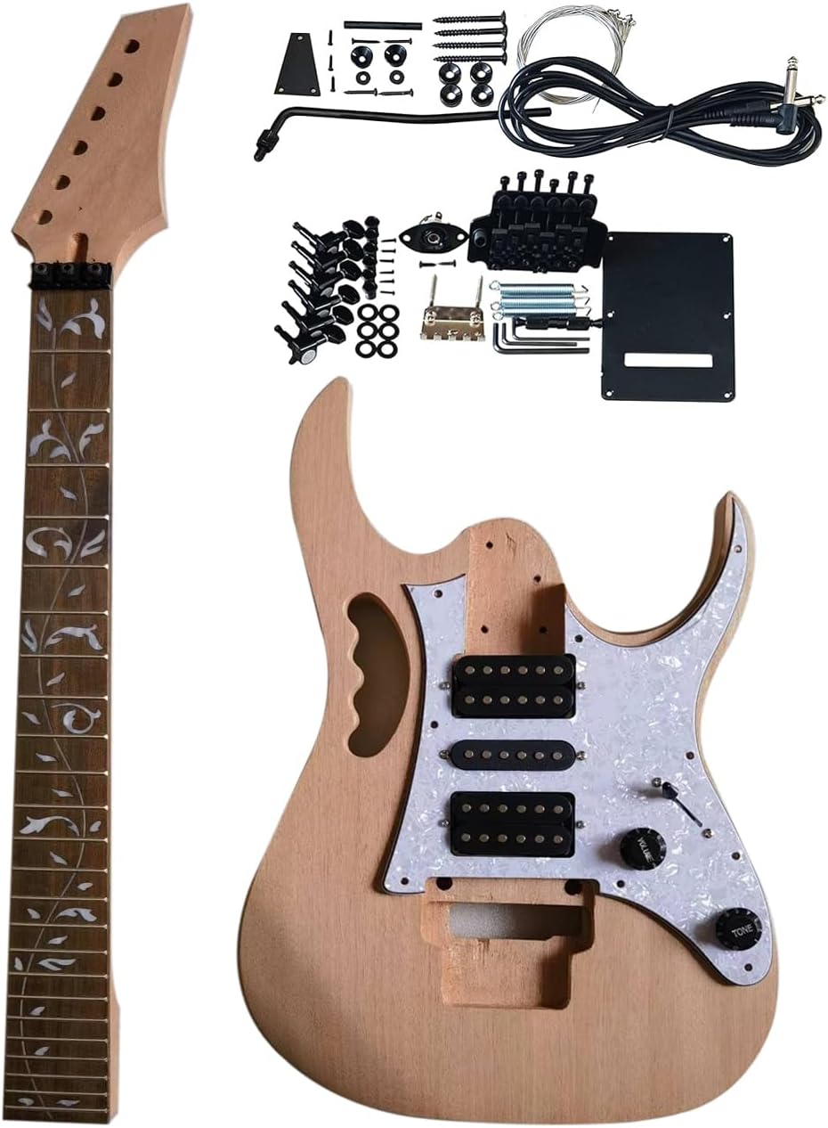 Unfinished DIY Electric Guitar Kit Set Electric Guitar Kits in IBZ Style - Mahogany Body and Neck - Rosewood Fingerboard and All Components Included (QH-7V01)